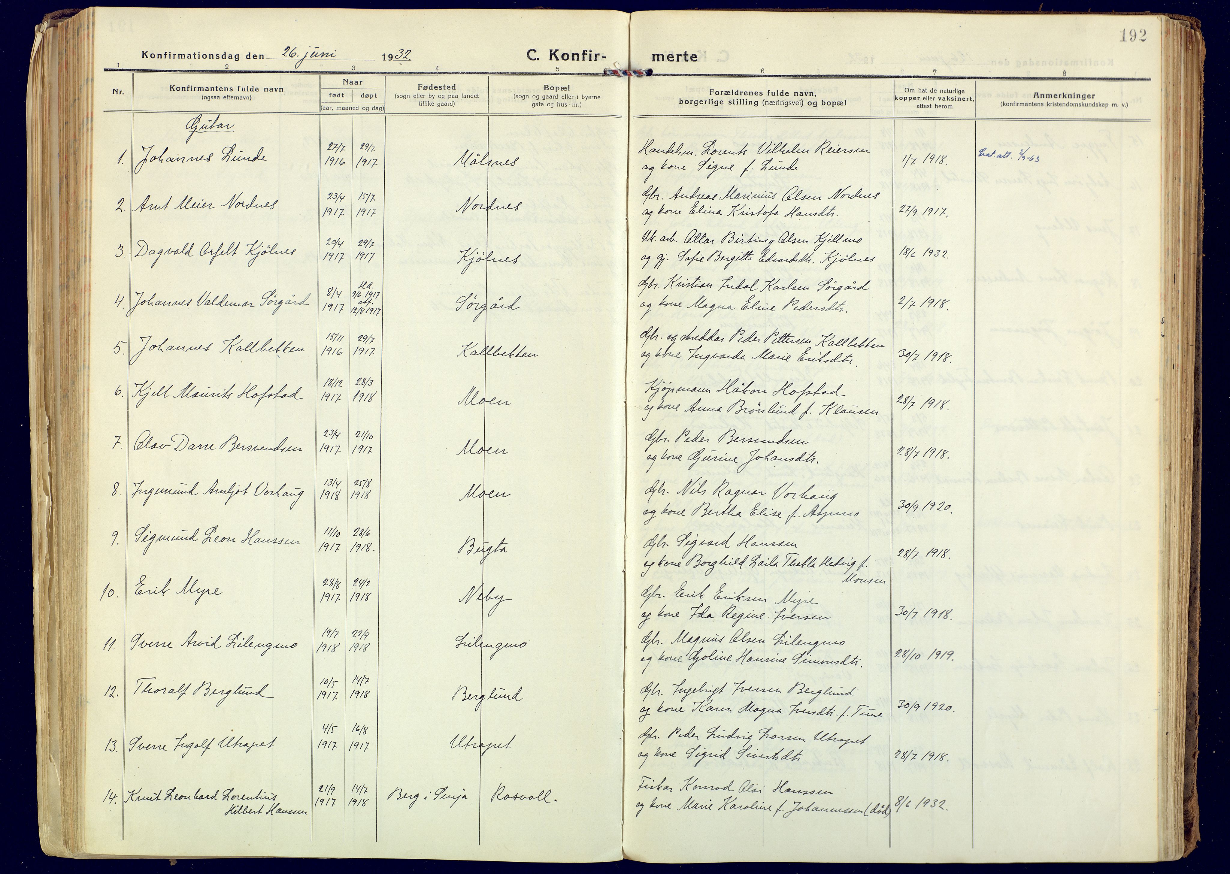 Målselv sokneprestembete, SATØ/S-1311/G/Ga/Gaa/L0014kirke: Parish register (official) no. 14, 1919-1932, p. 192