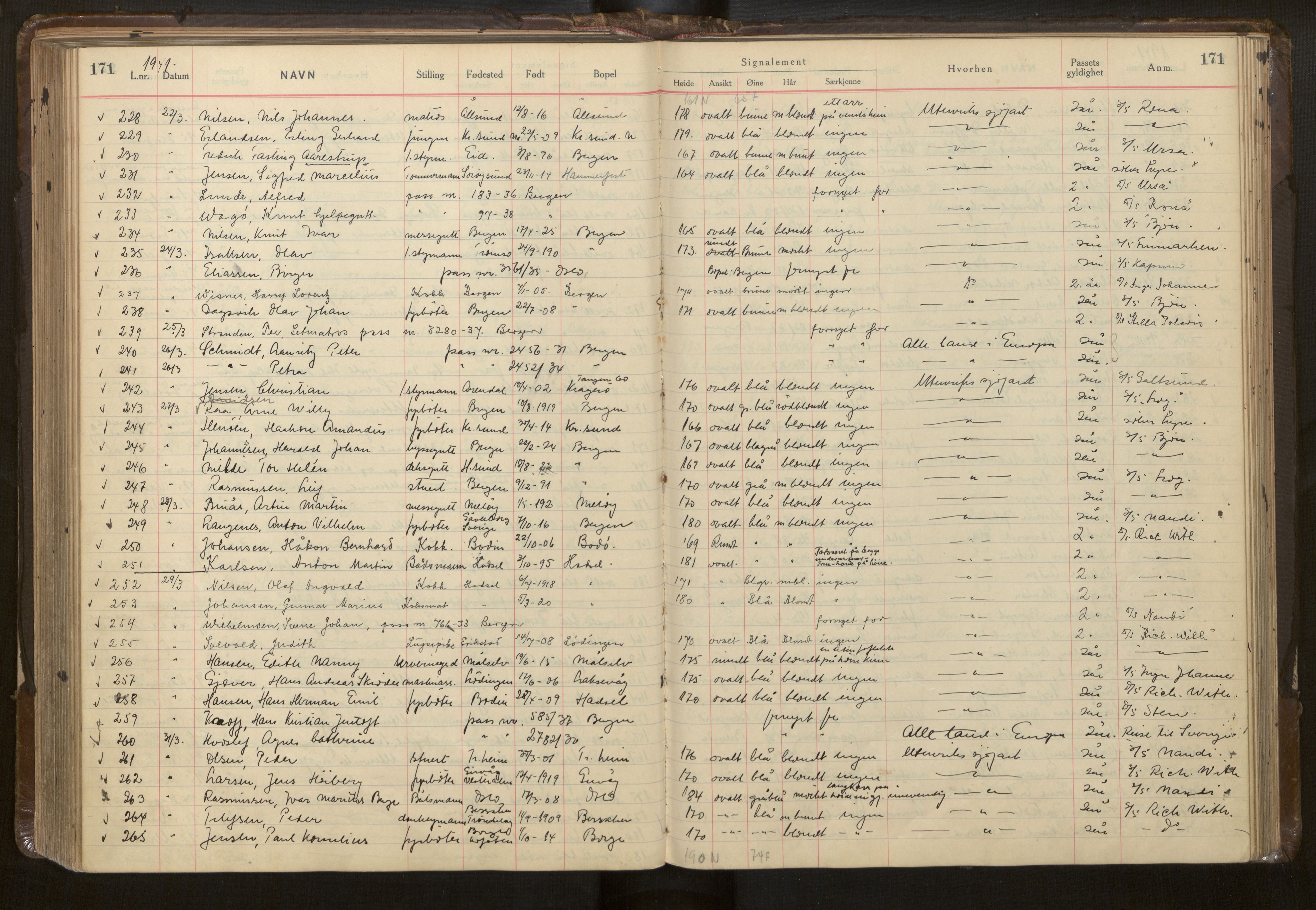 Bergen politikammer / politidistrikt, AV/SAB-A-60401/L/La/Lab/L0015: Passprotokoll, 1939-1946