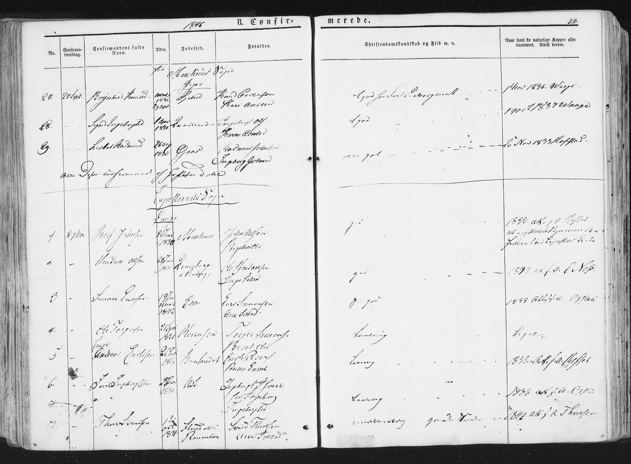 Ministerialprotokoller, klokkerbøker og fødselsregistre - Sør-Trøndelag, AV/SAT-A-1456/691/L1074: Parish register (official) no. 691A06, 1842-1852, p. 216