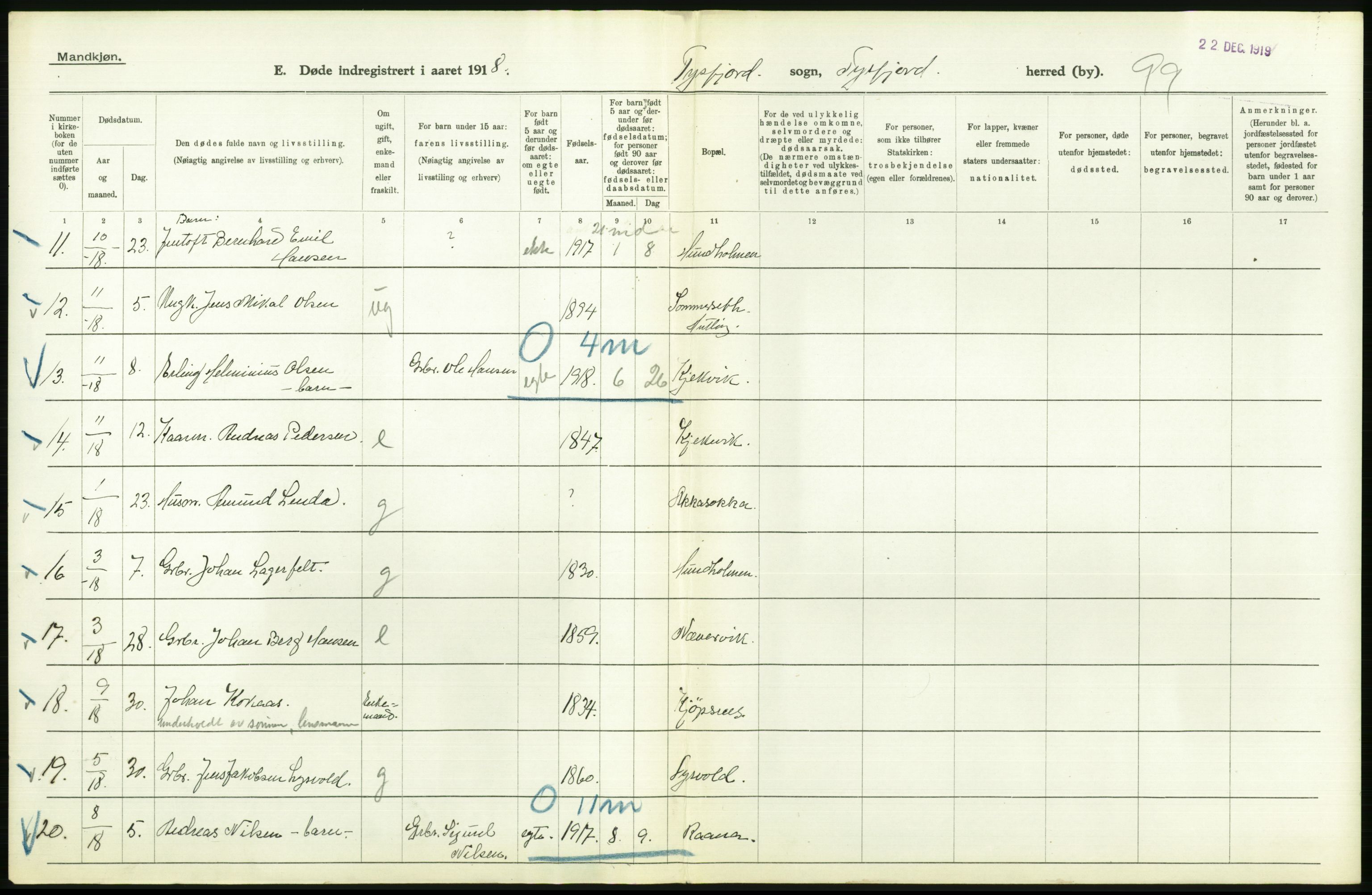 Statistisk sentralbyrå, Sosiodemografiske emner, Befolkning, AV/RA-S-2228/D/Df/Dfb/Dfbh/L0055: Nordland fylke: Døde. Bygder og byer., 1918, p. 366