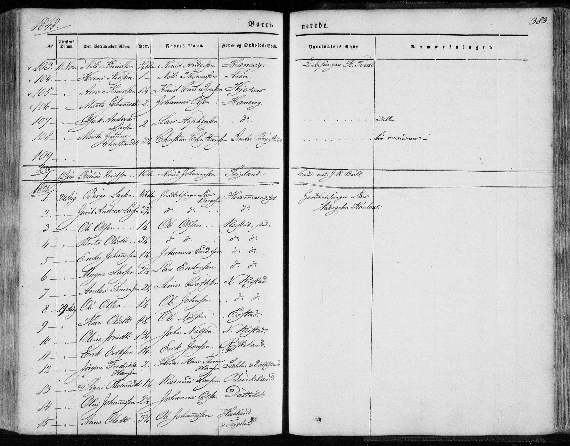 Hamre sokneprestembete, SAB/A-75501/H/Ha/Haa/Haaa/L0013: Parish register (official) no. A 13, 1846-1857, p. 383