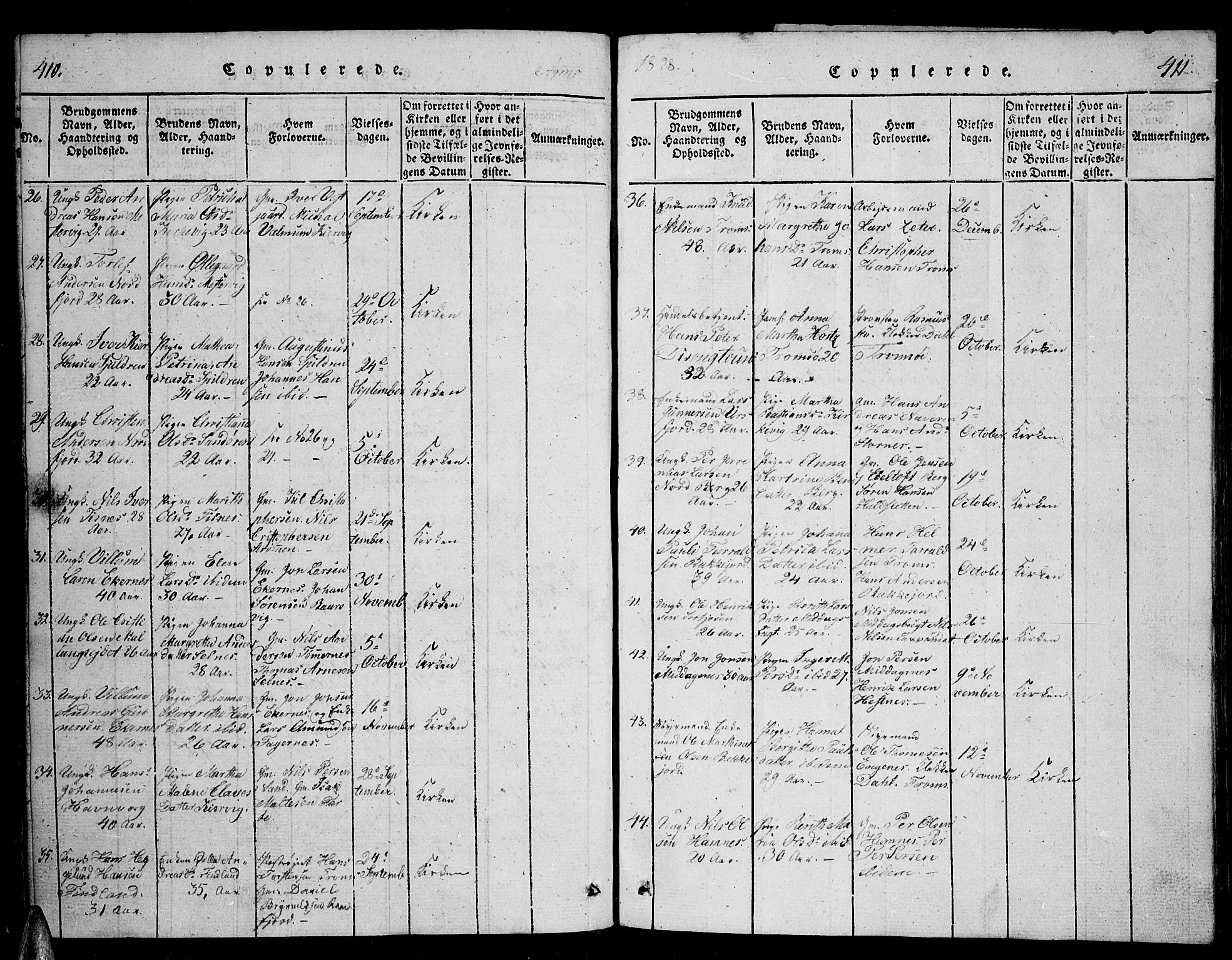 Tromsø sokneprestkontor/stiftsprosti/domprosti, SATØ/S-1343/G/Ga/L0007kirke: Parish register (official) no. 7, 1821-1828, p. 410-411