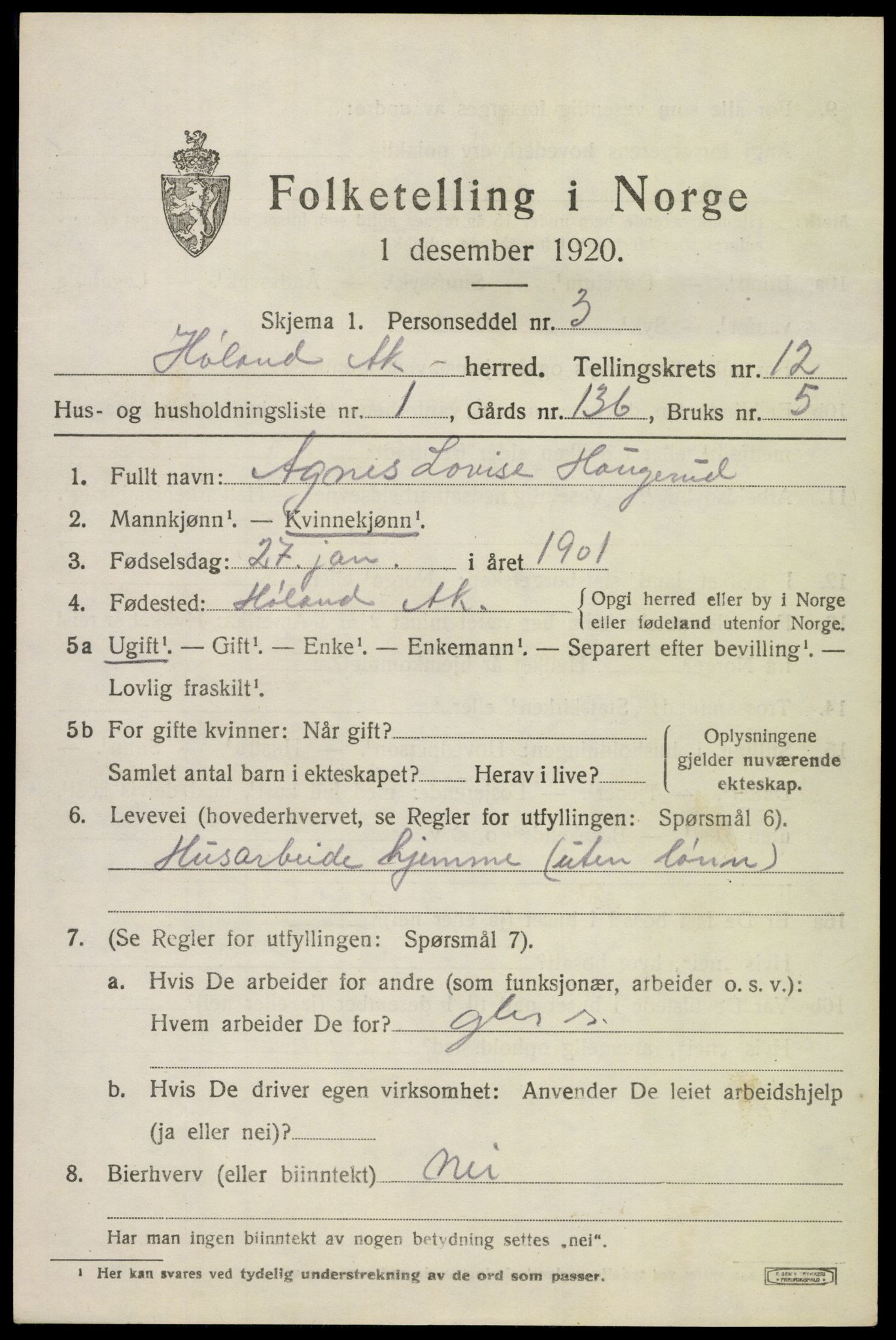 SAO, 1920 census for Høland, 1920, p. 11669