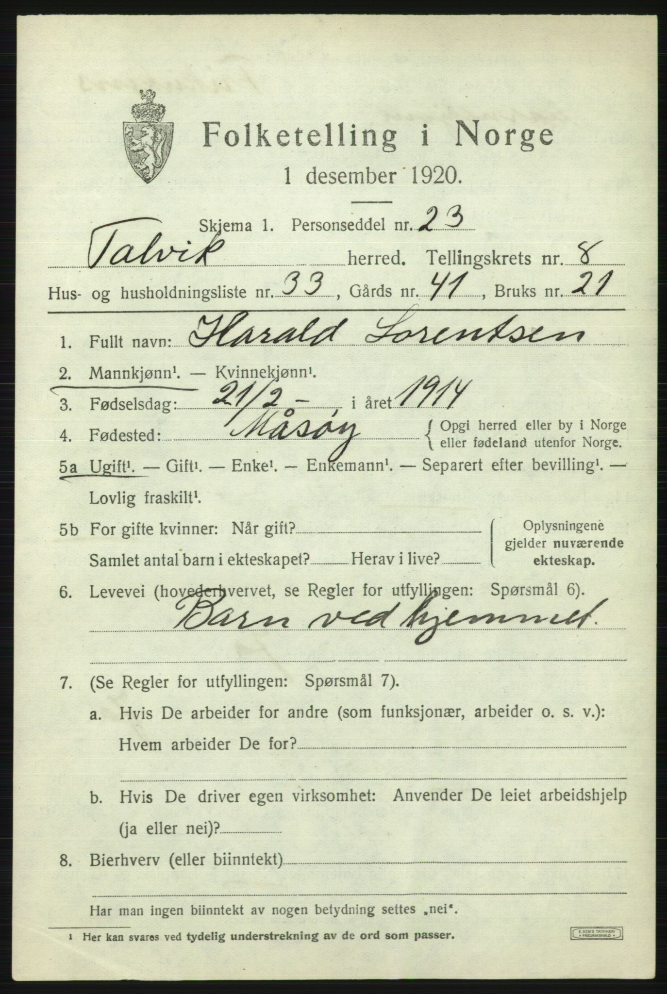 SATØ, 1920 census for Talvik, 1920, p. 5378
