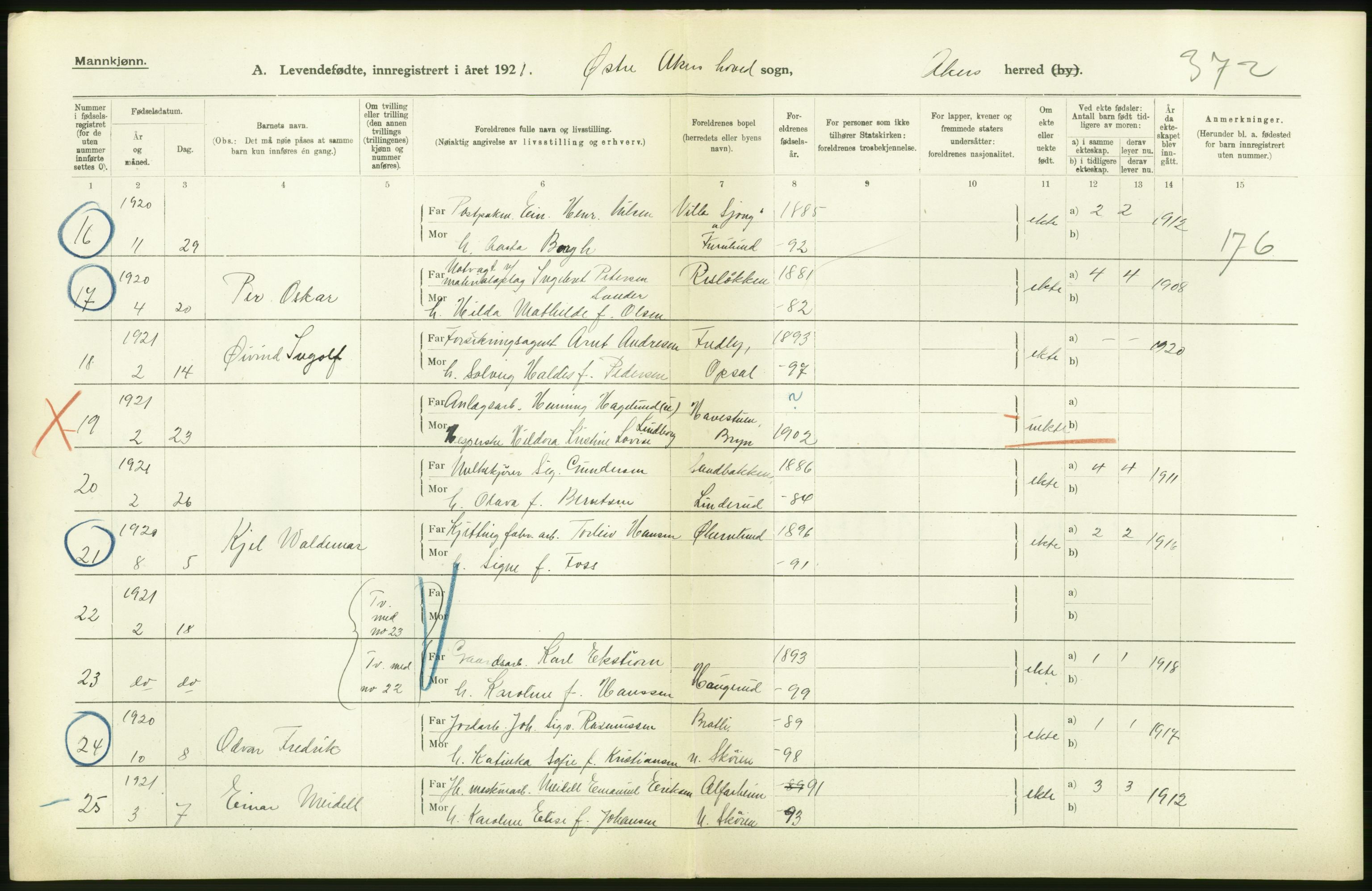 Statistisk sentralbyrå, Sosiodemografiske emner, Befolkning, AV/RA-S-2228/D/Df/Dfc/Dfca/L0004: Akershus fylke: Levendefødte menn og kvinner. Bygder., 1921, p. 96