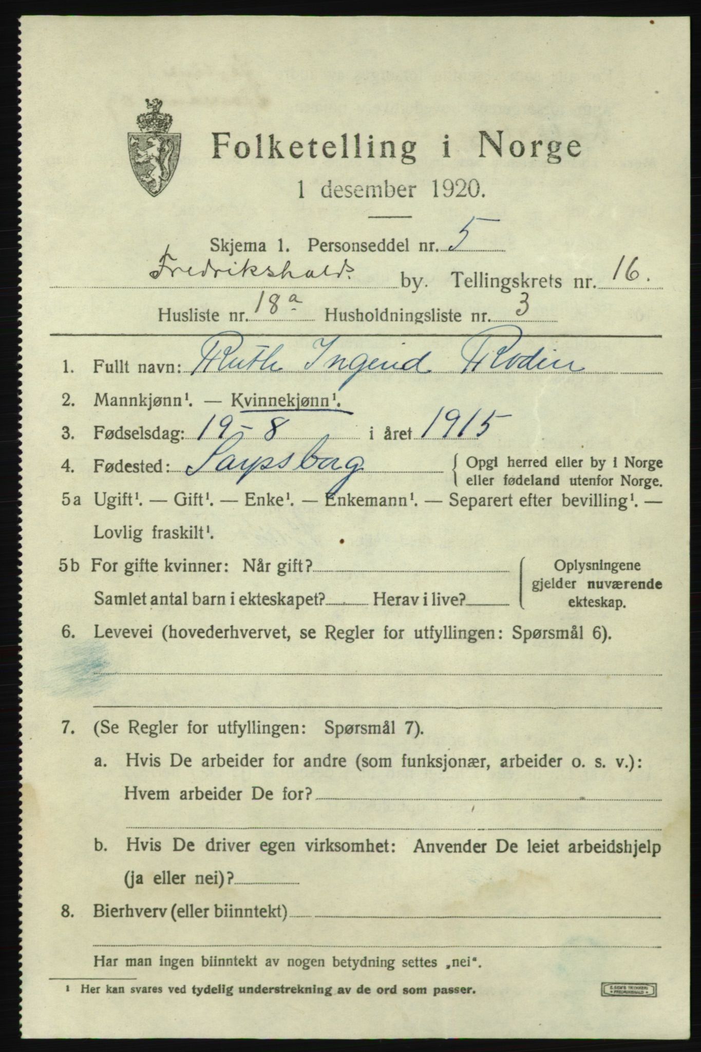 SAO, 1920 census for Fredrikshald, 1920, p. 25399