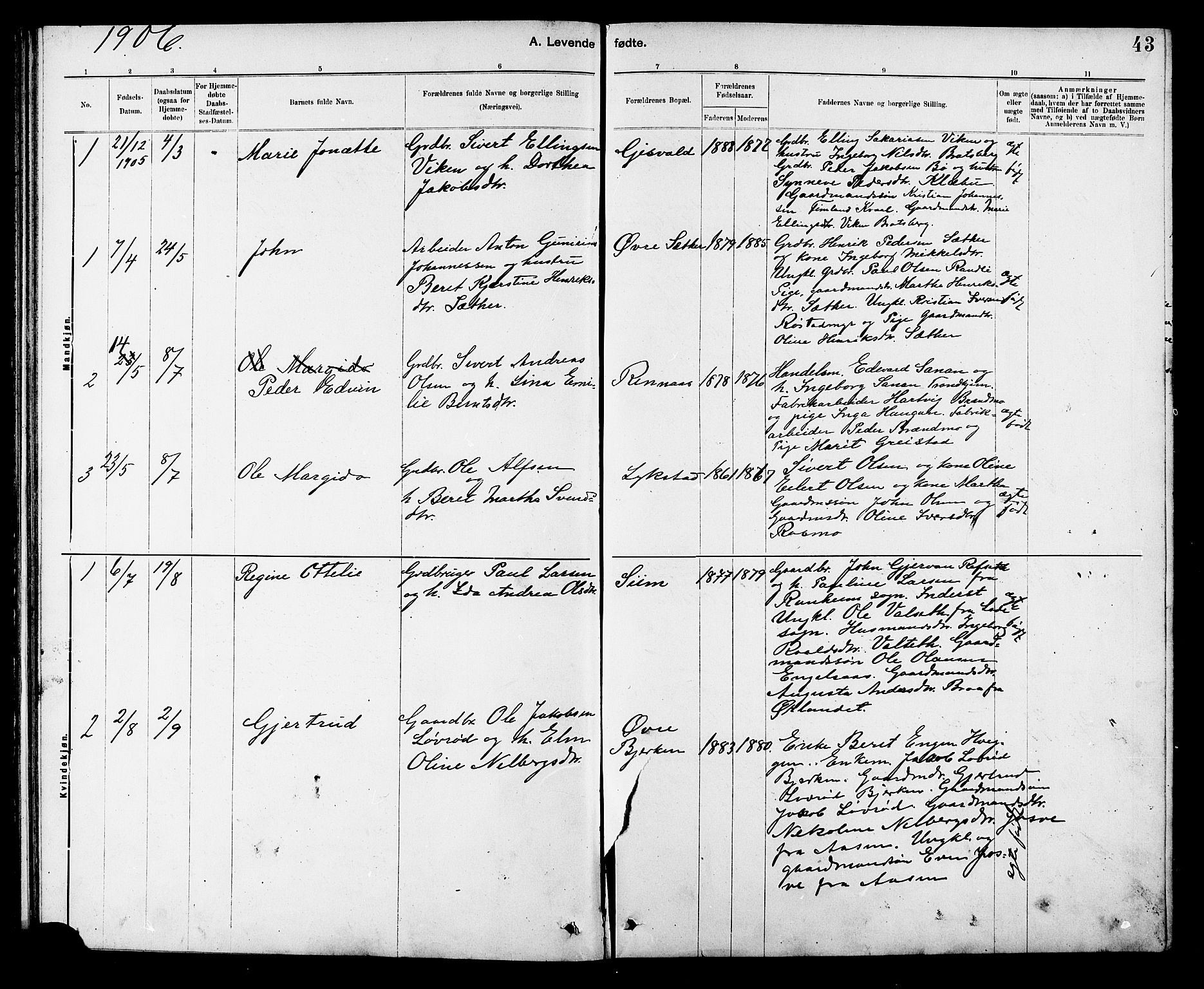 Ministerialprotokoller, klokkerbøker og fødselsregistre - Sør-Trøndelag, SAT/A-1456/608/L0341: Parish register (copy) no. 608C07, 1890-1912, p. 43