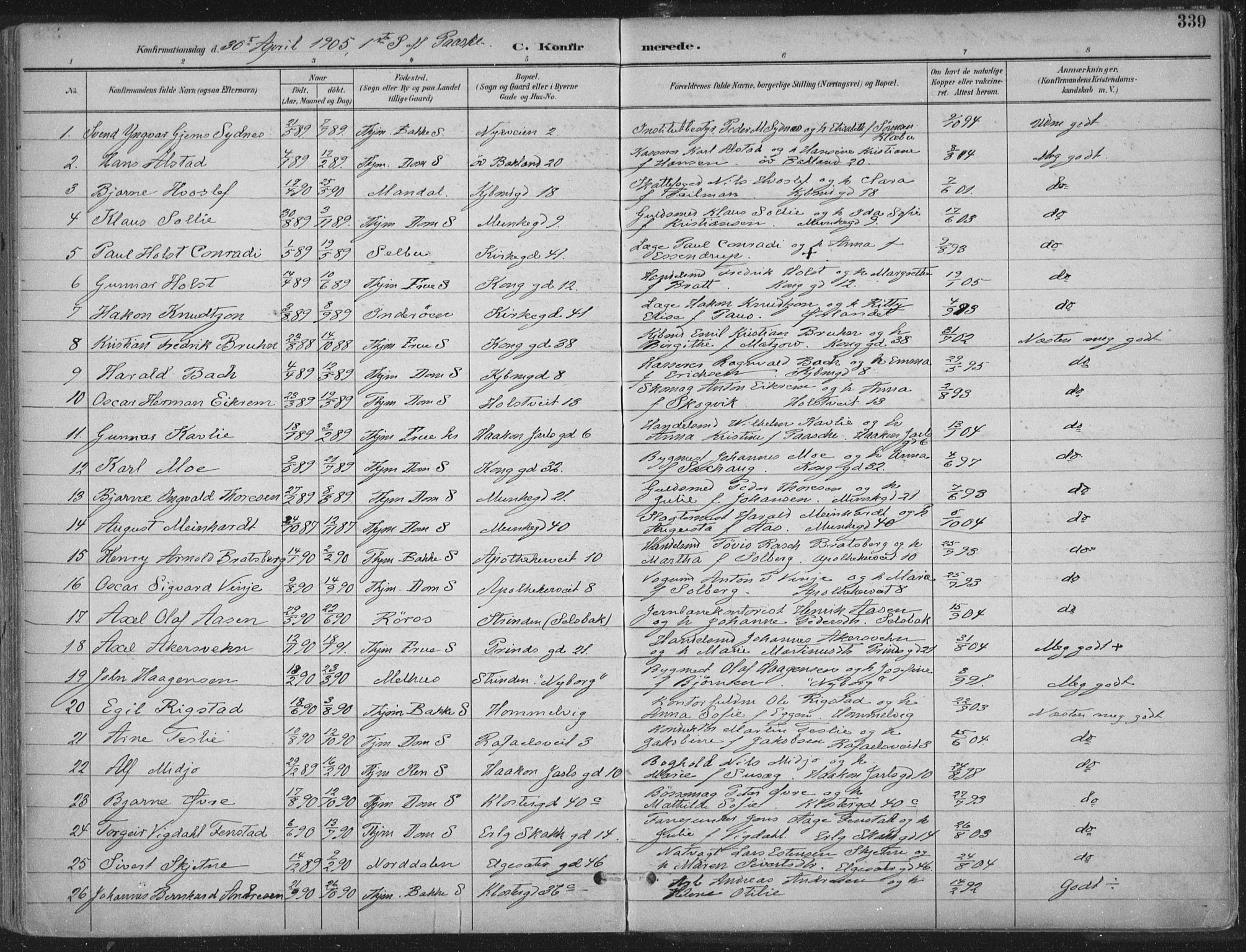Ministerialprotokoller, klokkerbøker og fødselsregistre - Sør-Trøndelag, SAT/A-1456/601/L0062: Parish register (official) no. 601A30, 1891-1911, p. 339