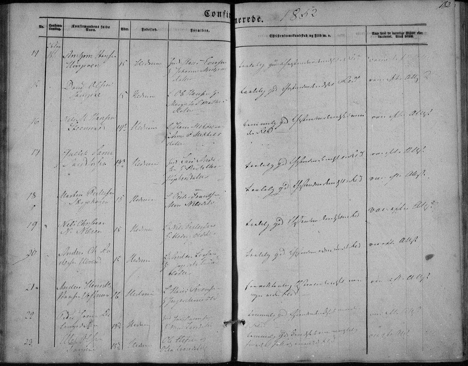 Hedrum kirkebøker, AV/SAKO-A-344/F/Fa/L0006: Parish register (official) no. I 6, 1849-1857, p. 182