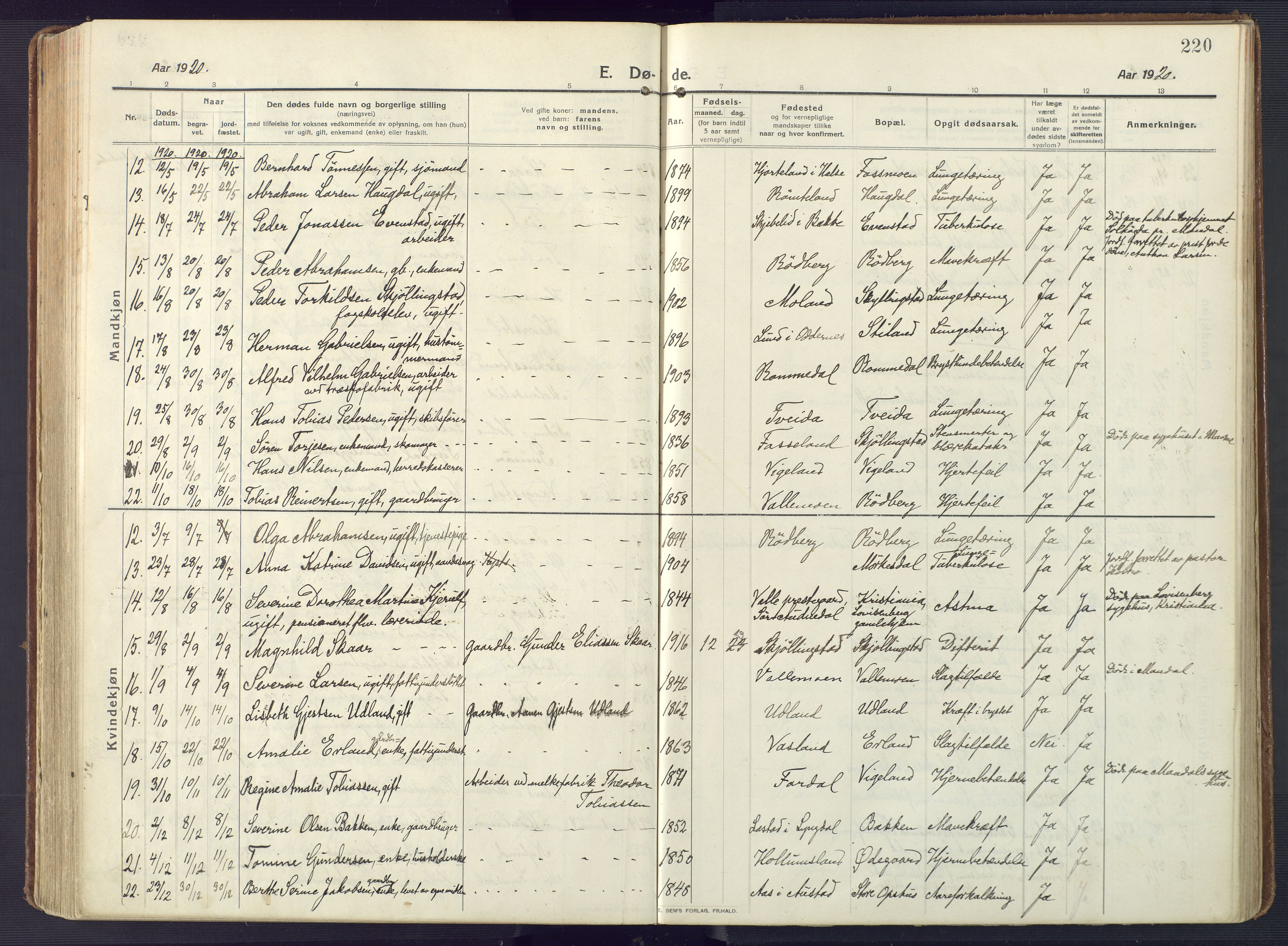 Sør-Audnedal sokneprestkontor, AV/SAK-1111-0039/F/Fa/Fab/L0011: Parish register (official) no. A 11, 1912-1938, p. 220