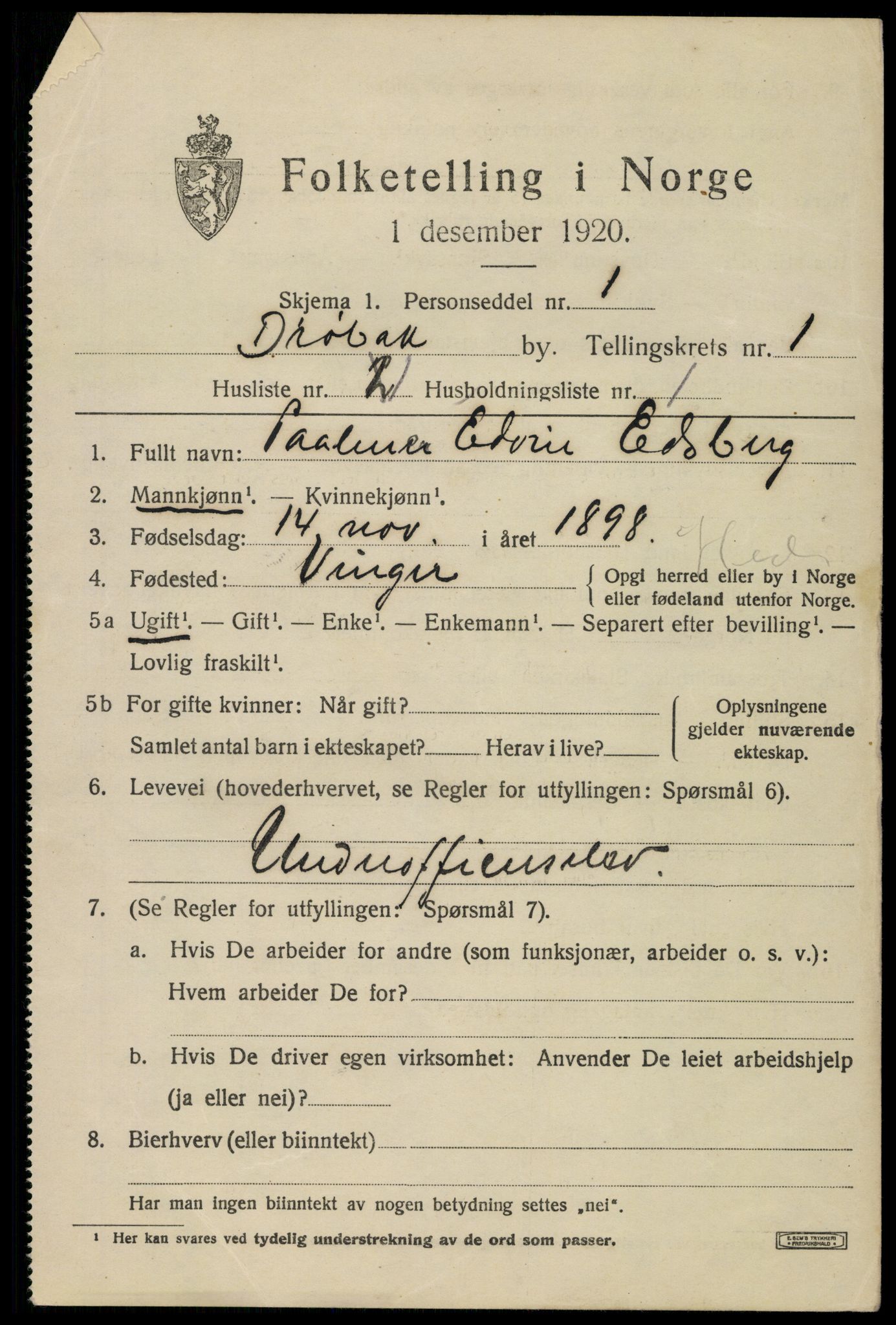 SAO, 1920 census for Drøbak, 1920, p. 1839