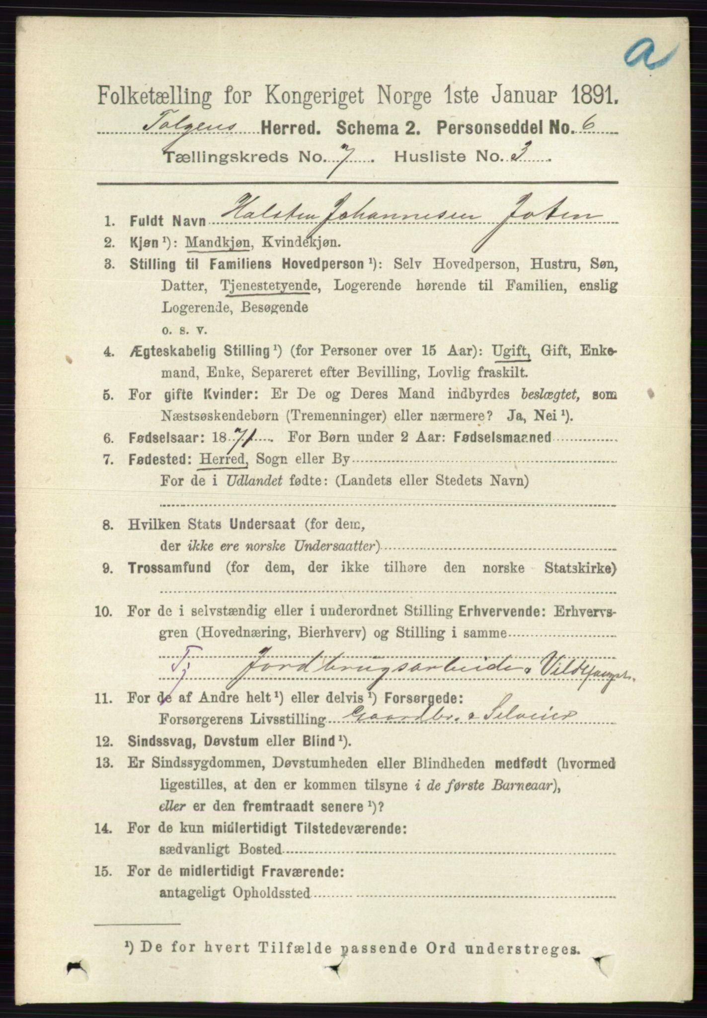 RA, 1891 census for 0436 Tolga, 1891, p. 2041