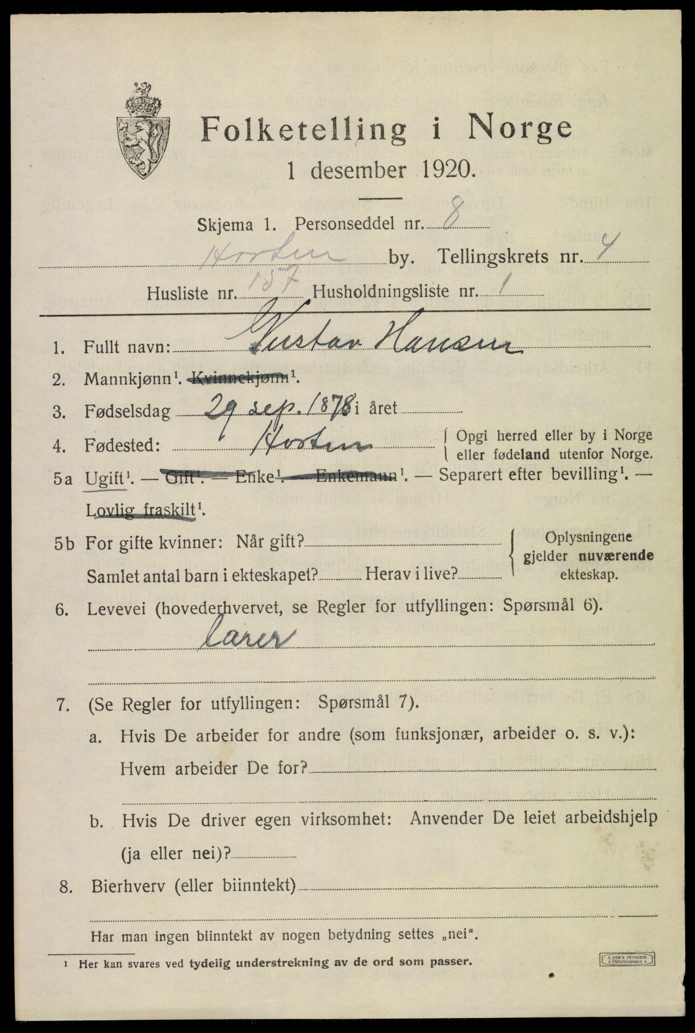 SAKO, 1920 census for Horten, 1920, p. 19311