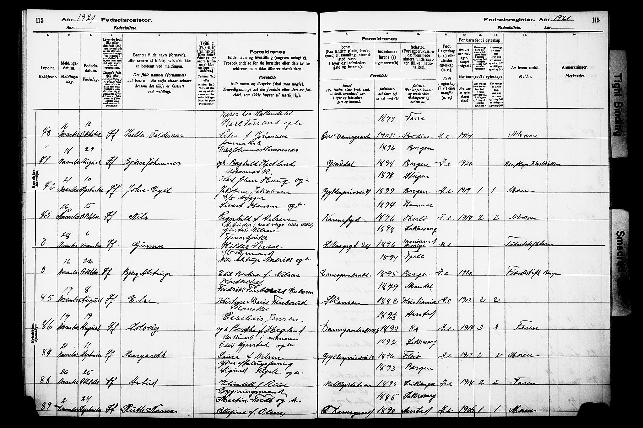 Laksevåg Sokneprestembete, AV/SAB-A-76501/I/Id/L00A1: Birth register no. A 1, 1916-1926, p. 115