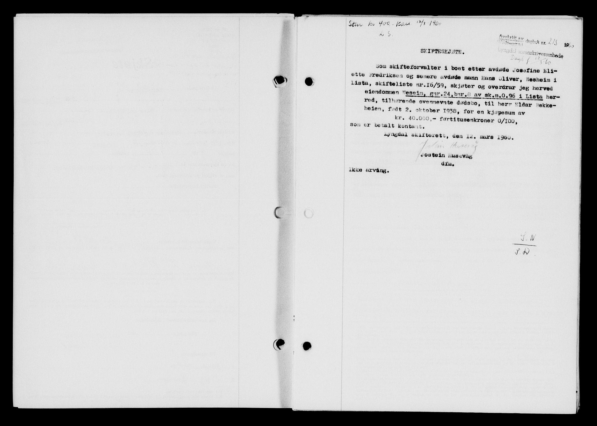 Lyngdal sorenskriveri, AV/SAK-1221-0004/G/Gb/L0679: Mortgage book no. A XXV, 1959-1960, Diary no: : 215/1960