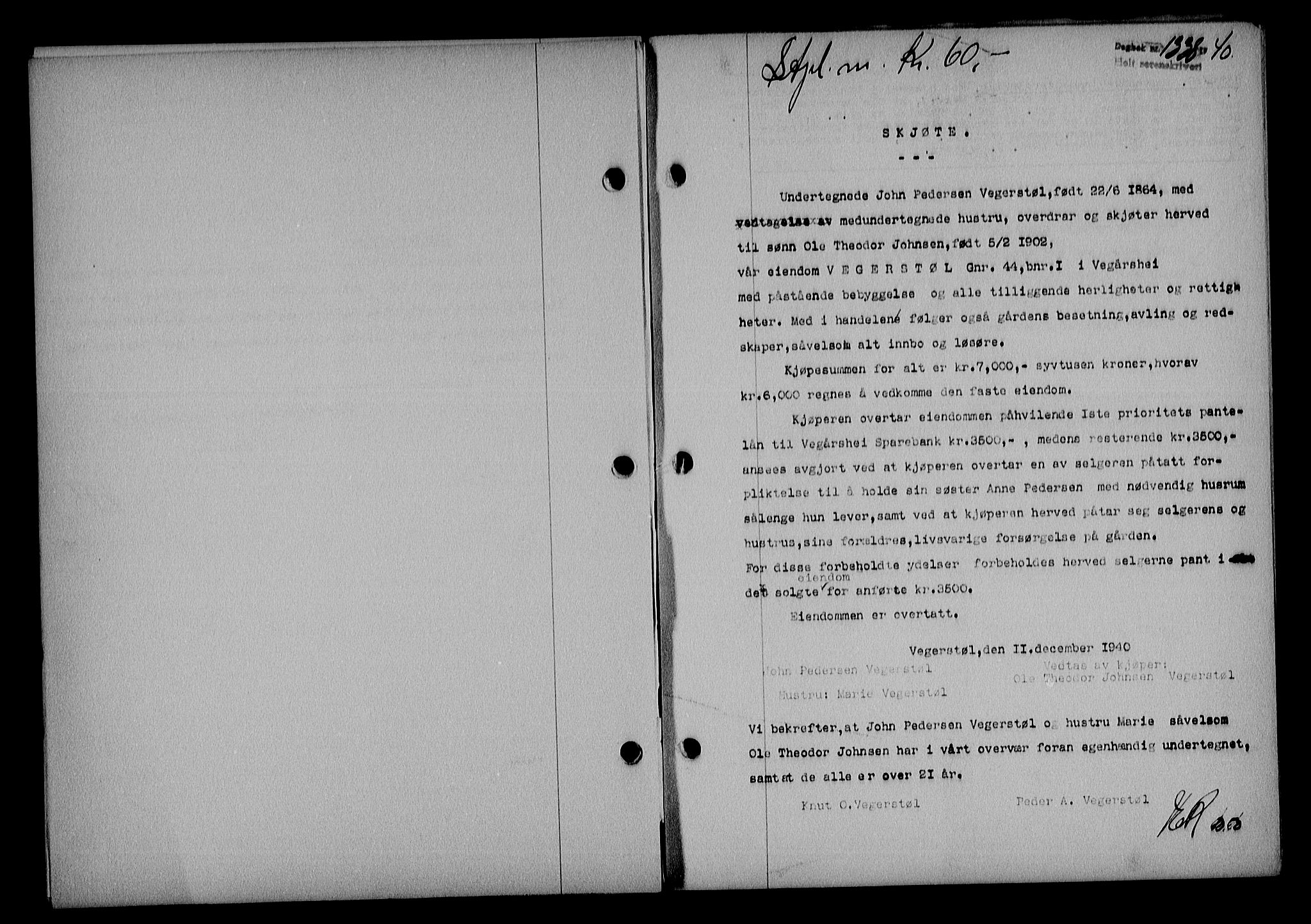 Holt sorenskriveri, AV/SAK-1221-0002/G/Gba/L0050: Mortgage book no. A-V, 1940-1942, Diary no: : 1338/1940