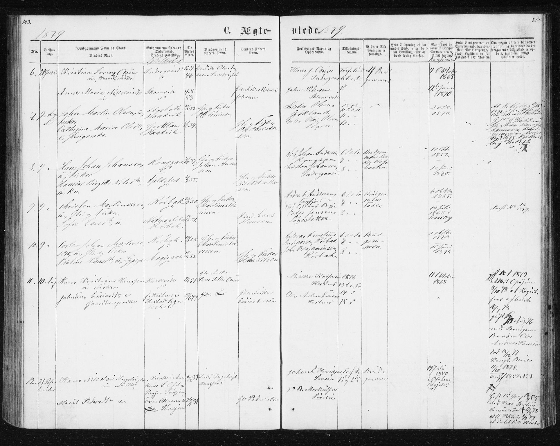 Ibestad sokneprestembete, SATØ/S-0077/H/Ha/Hab/L0013klokker: Parish register (copy) no. 13, 1865-1879, p. 143