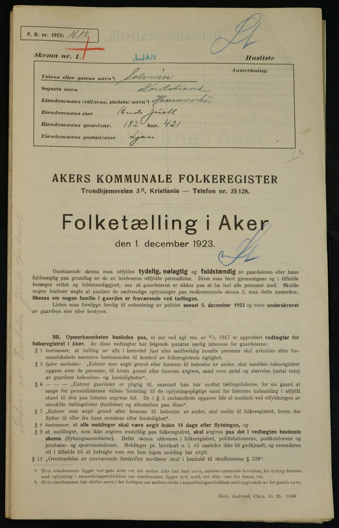 , Municipal Census 1923 for Aker, 1923, p. 45786