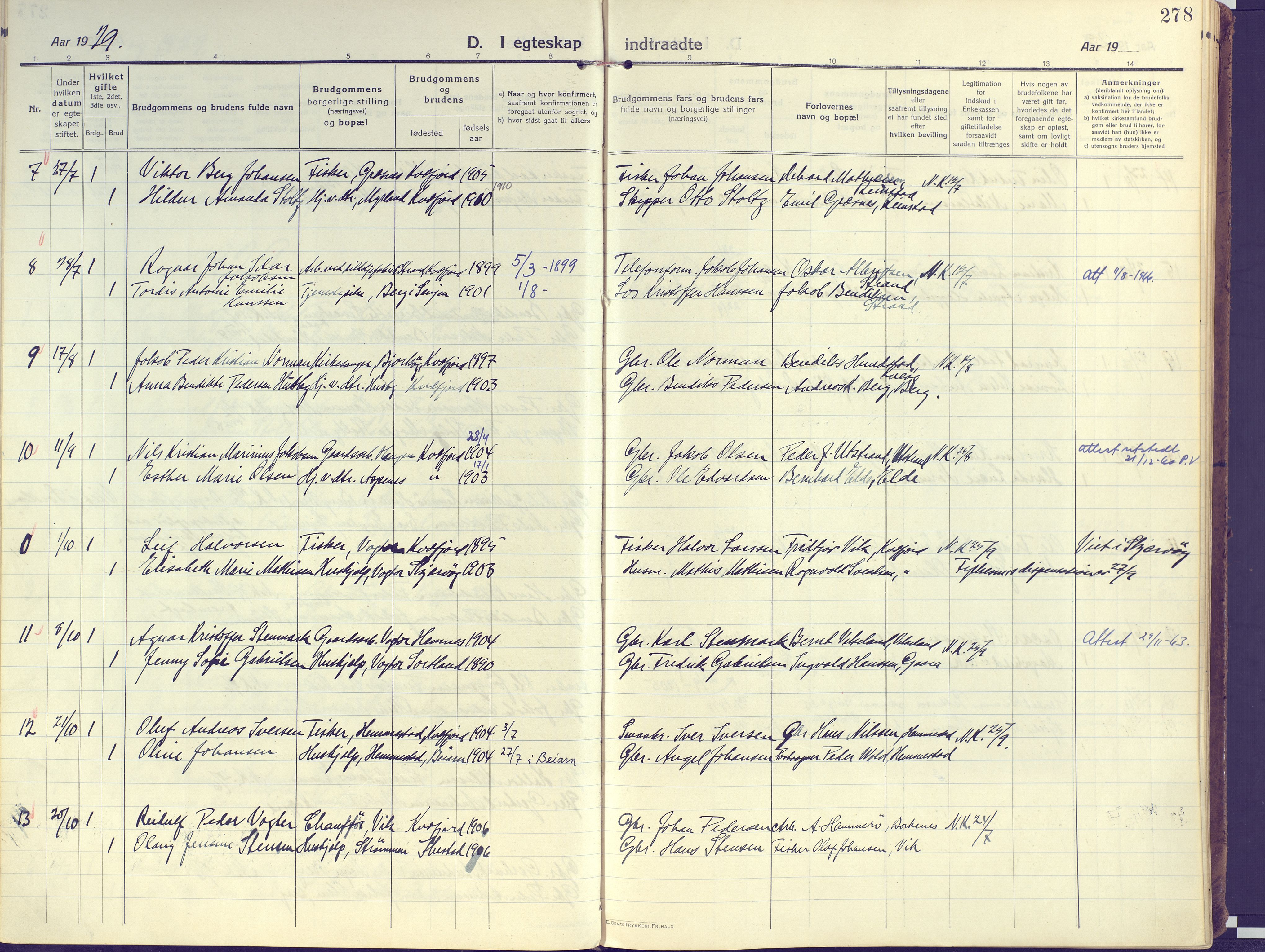 Kvæfjord sokneprestkontor, AV/SATØ-S-1323/G/Ga/Gaa/L0007kirke: Parish register (official) no. 7, 1915-1931, p. 278