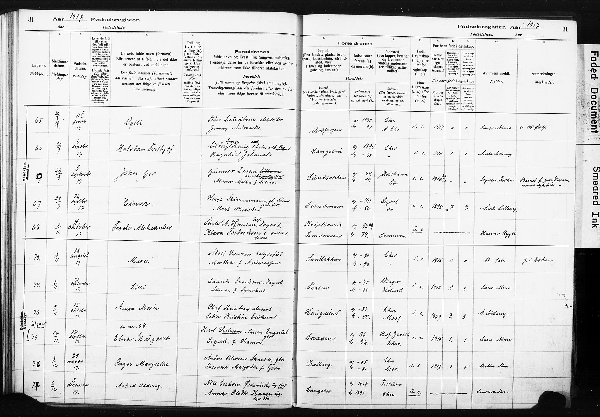 Eiker kirkebøker, AV/SAKO-A-4/J/Ja/L0001: Birth register no. I 1, 1916-1927, p. 31