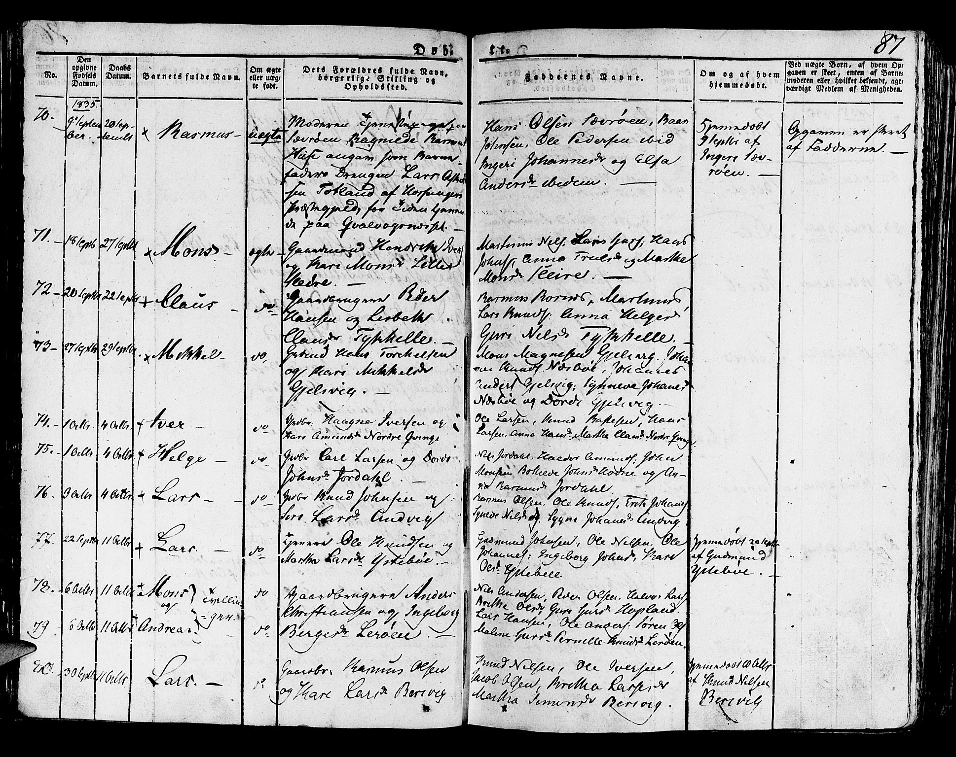 Lindås Sokneprestembete, AV/SAB-A-76701/H/Haa/Haaa/L0008: Parish register (official) no. A 8, 1823-1836, p. 87