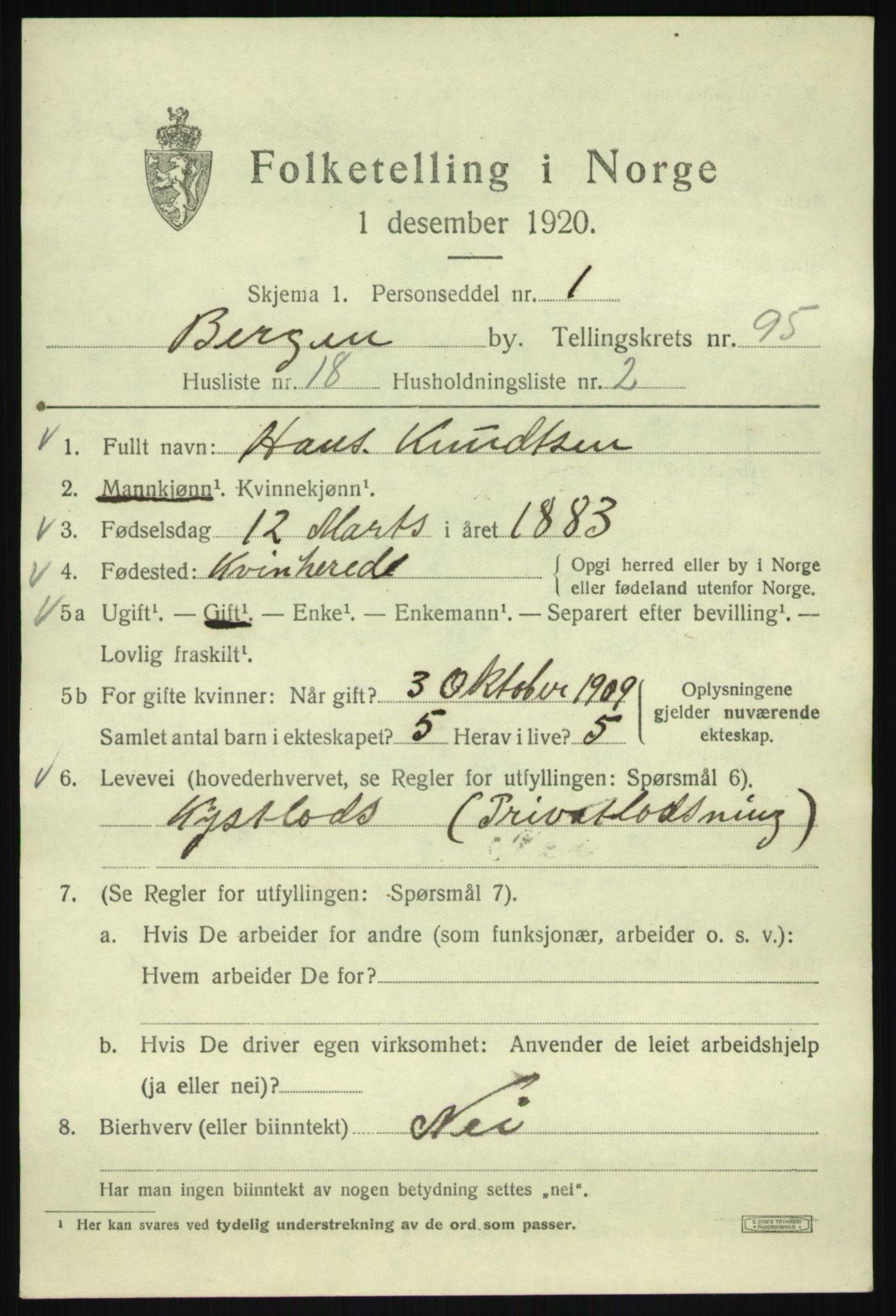 SAB, 1920 census for Bergen, 1920, p. 169559