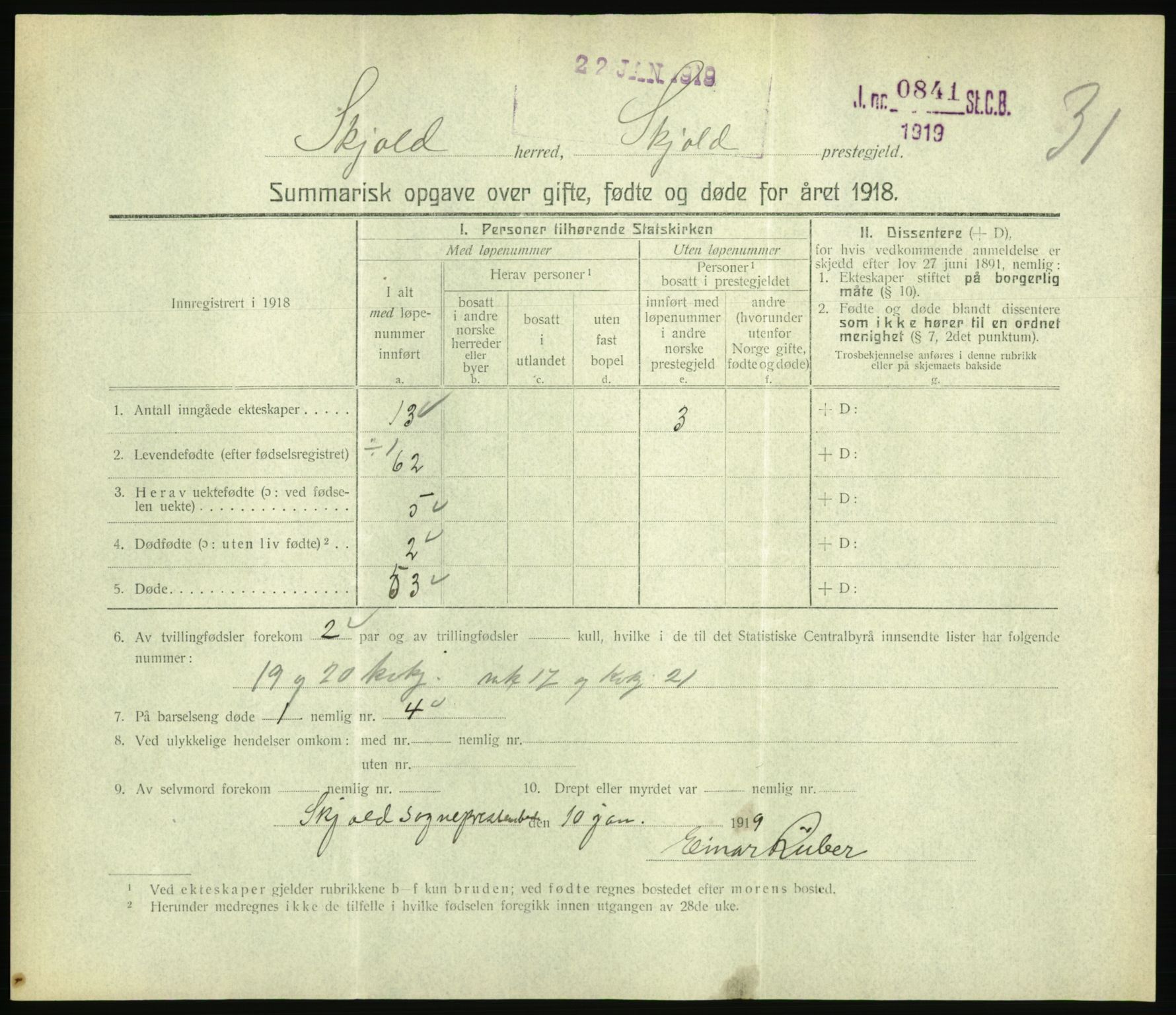 Statistisk sentralbyrå, Sosiodemografiske emner, Befolkning, RA/S-2228/D/Df/Dfb/Dfbh/L0059: Summariske oppgaver over gifte, fødte og døde for hele landet., 1918, p. 873