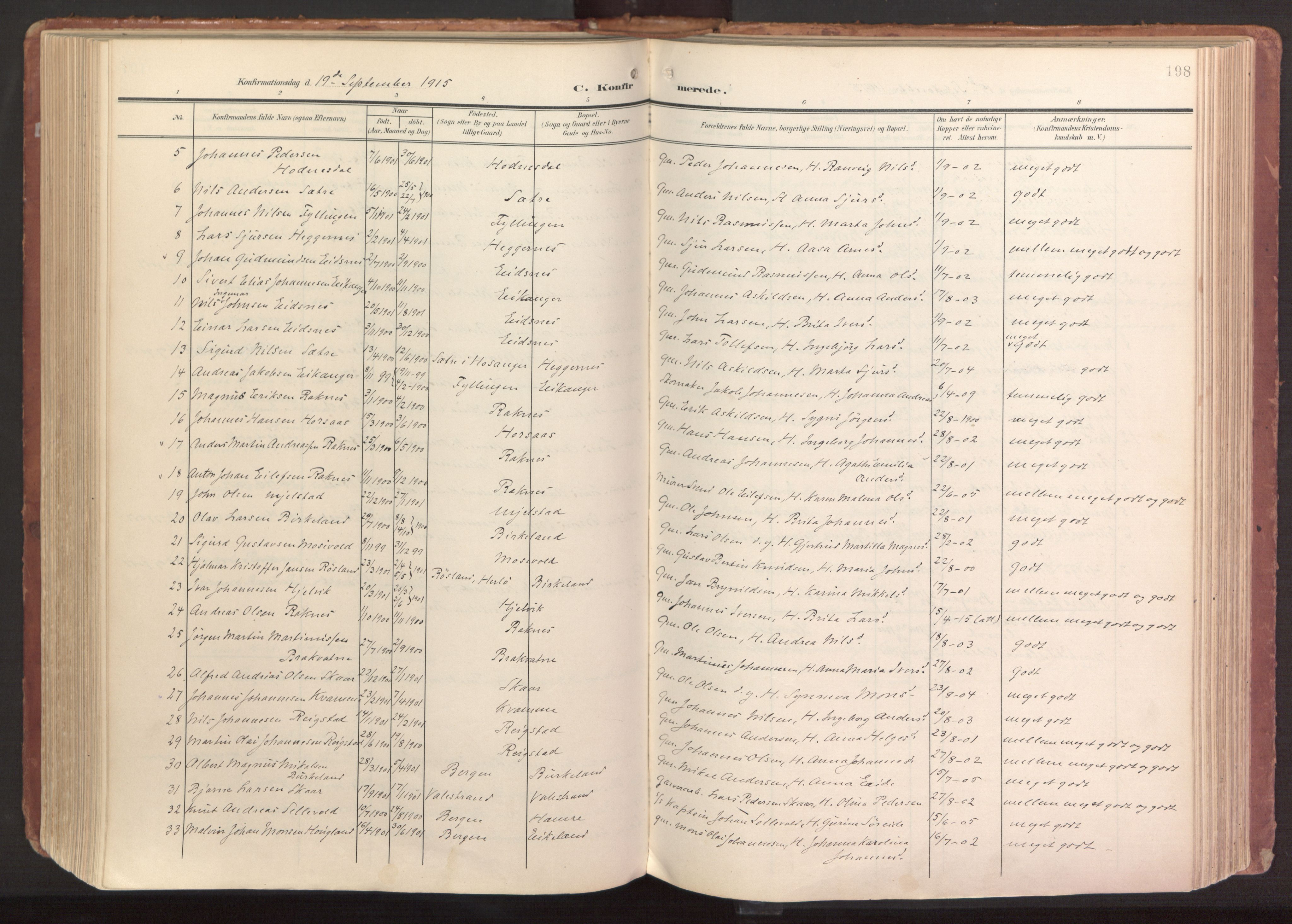 Hamre sokneprestembete, AV/SAB-A-75501/H/Ha/Haa/Haab/L0002: Parish register (official) no. B 2, 1905-1924, p. 198