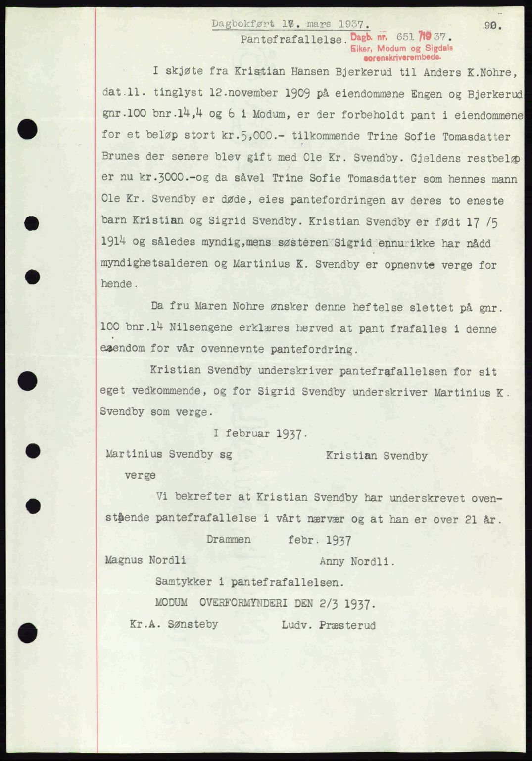 Eiker, Modum og Sigdal sorenskriveri, SAKO/A-123/G/Ga/Gab/L0035: Mortgage book no. A5, 1937-1937, Diary no: : 651/1937