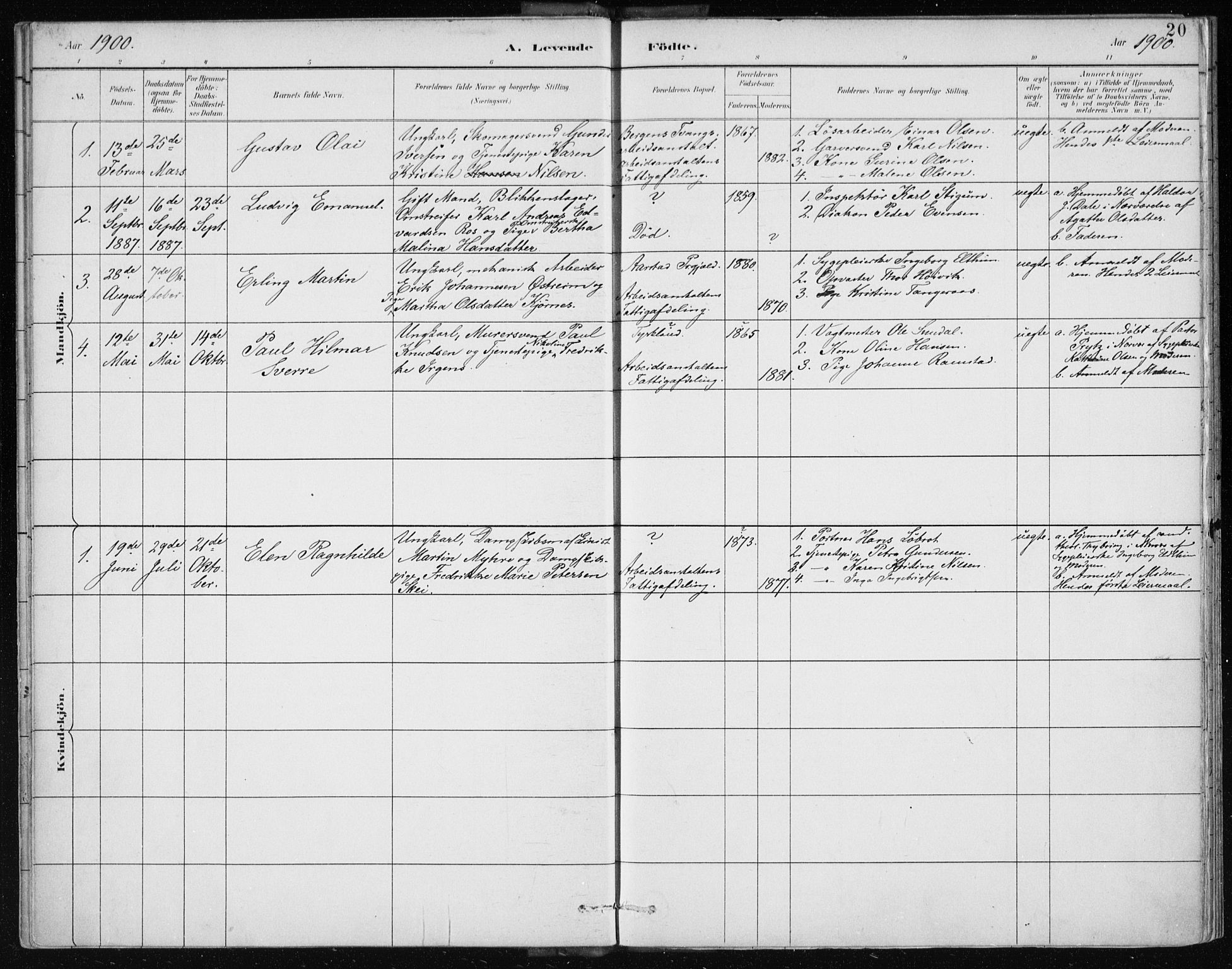 Bergen kommunale pleiehjem - stiftelsespresten, SAB/A-100281: Parish register (official) no. A 2, 1887-1939, p. 20