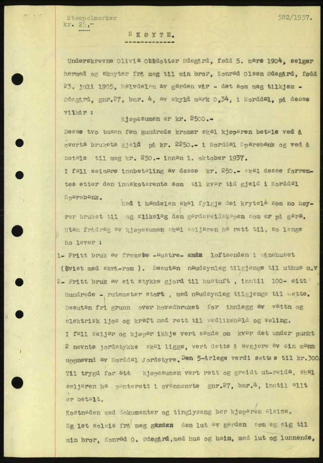 Nordre Sunnmøre sorenskriveri, AV/SAT-A-0006/1/2/2C/2Ca: Mortgage book no. A2, 1936-1937, Diary no: : 582/1937