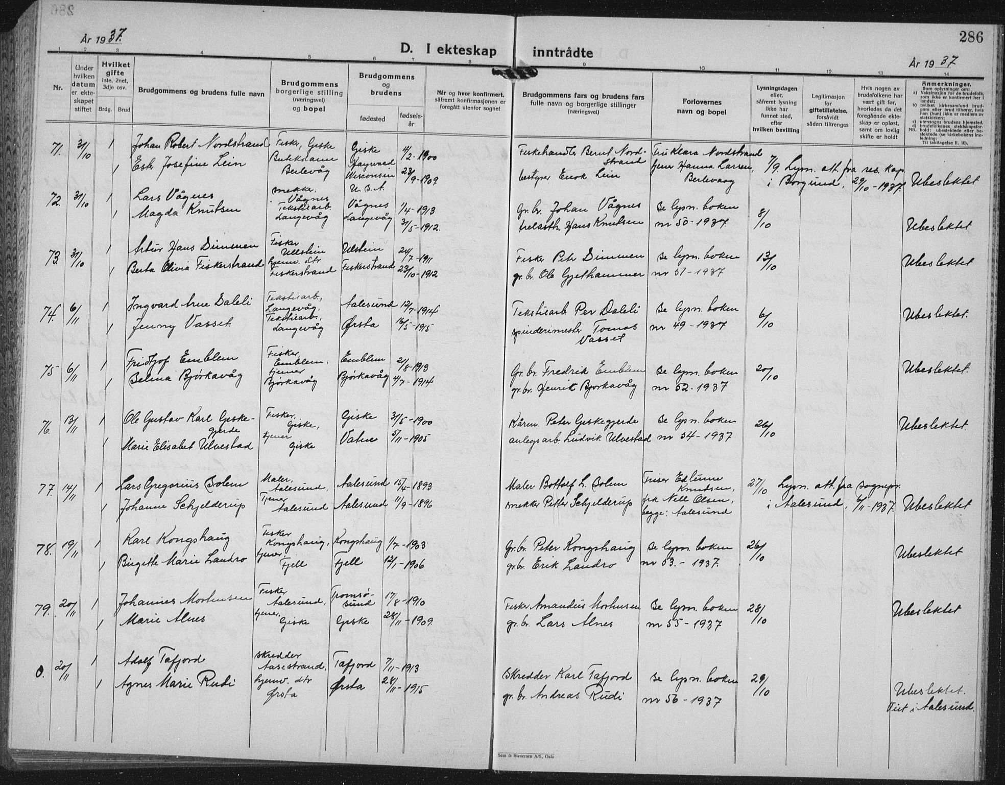 Ministerialprotokoller, klokkerbøker og fødselsregistre - Møre og Romsdal, AV/SAT-A-1454/528/L0436: Parish register (copy) no. 528C17, 1927-1939, p. 286