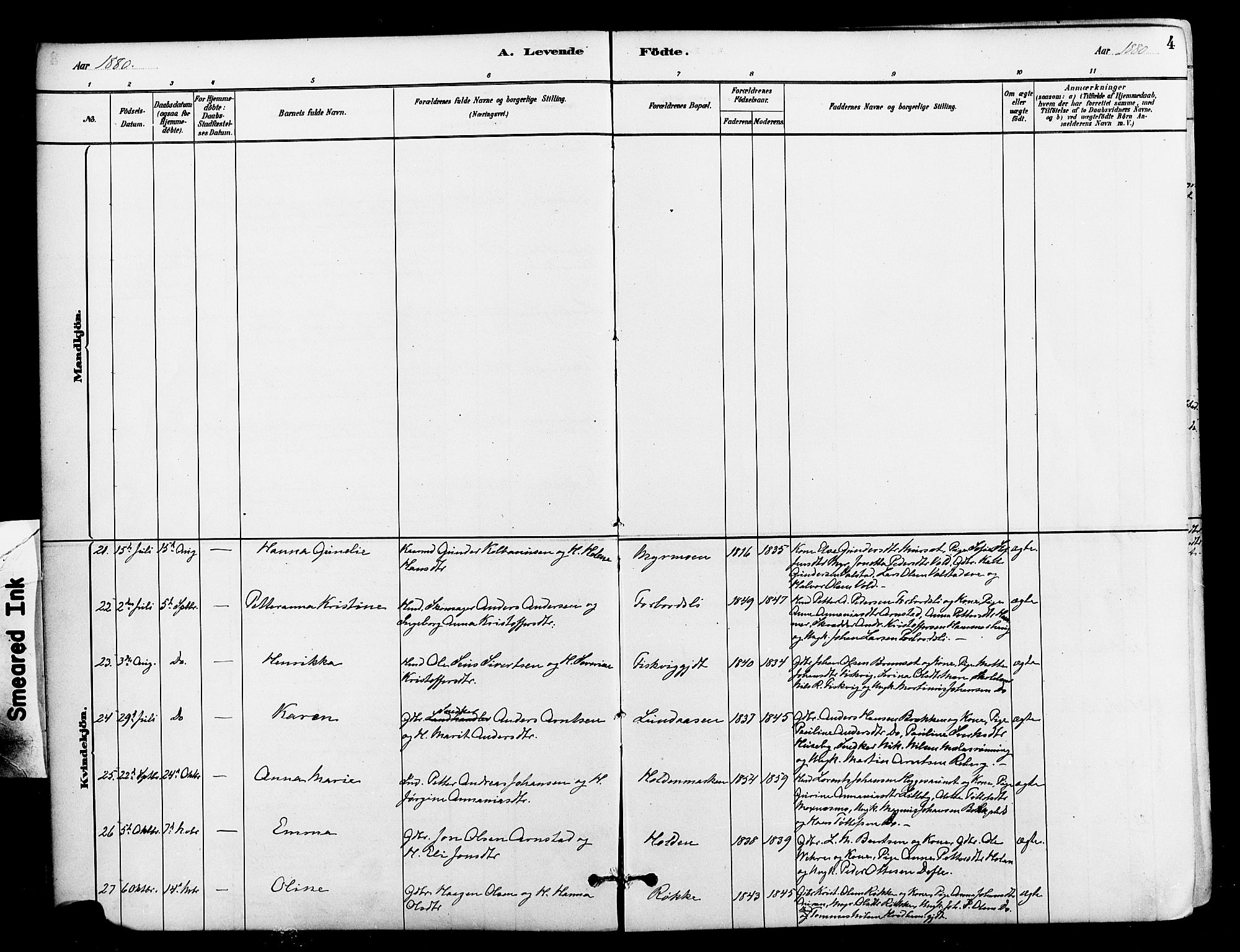 Ministerialprotokoller, klokkerbøker og fødselsregistre - Nord-Trøndelag, AV/SAT-A-1458/712/L0100: Parish register (official) no. 712A01, 1880-1900, p. 4