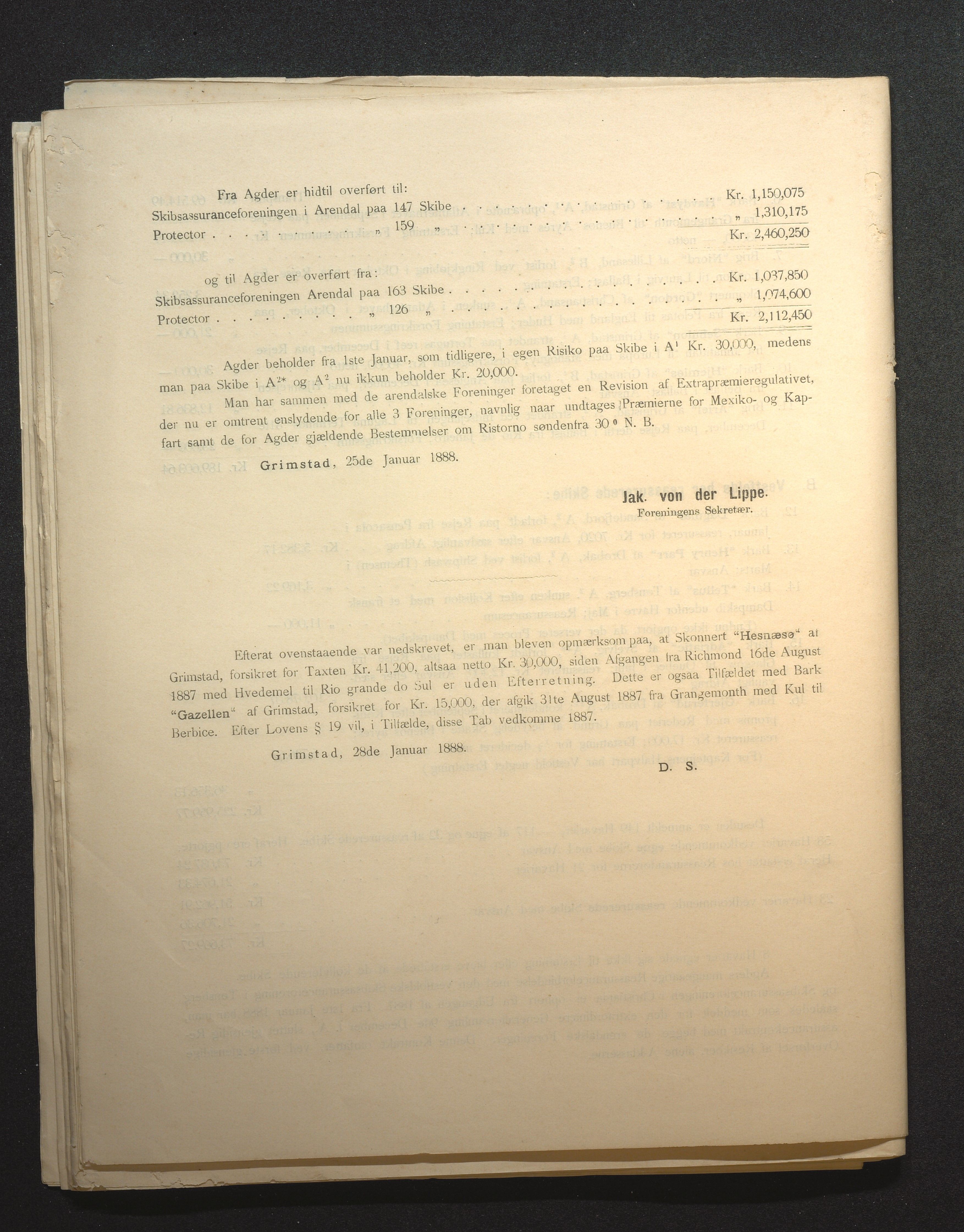 Agders Gjensidige Assuranceforening, AAKS/PA-1718/05/L0002: Regnskap, seilavdeling, pakkesak, 1881-1889