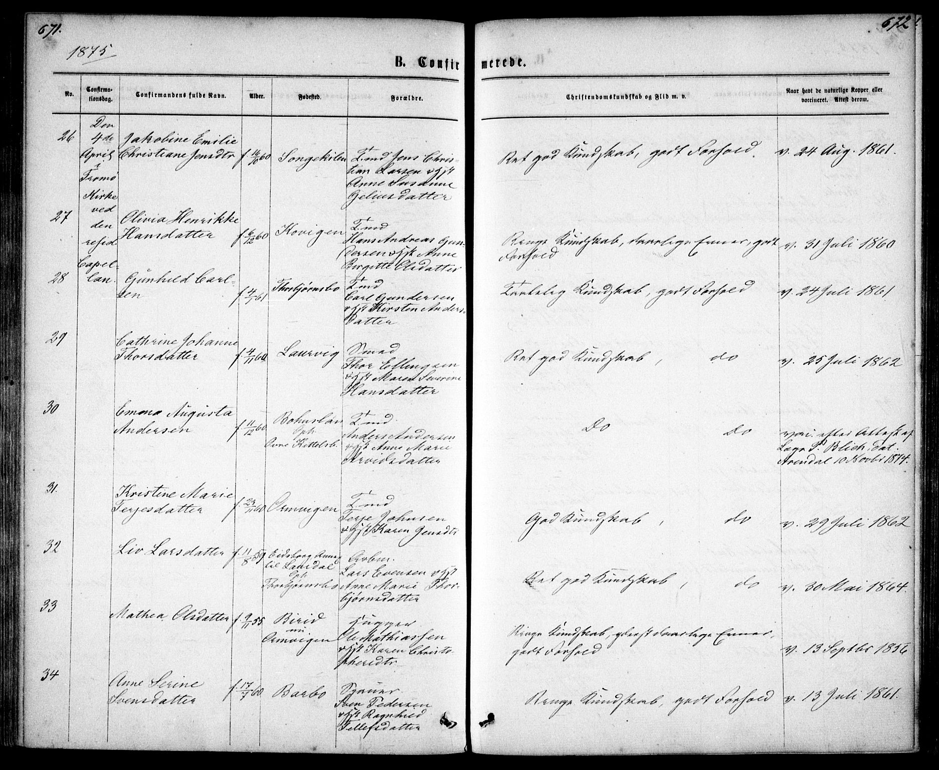 Tromøy sokneprestkontor, AV/SAK-1111-0041/F/Fa/L0008: Parish register (official) no. A 8, 1870-1877, p. 671-672