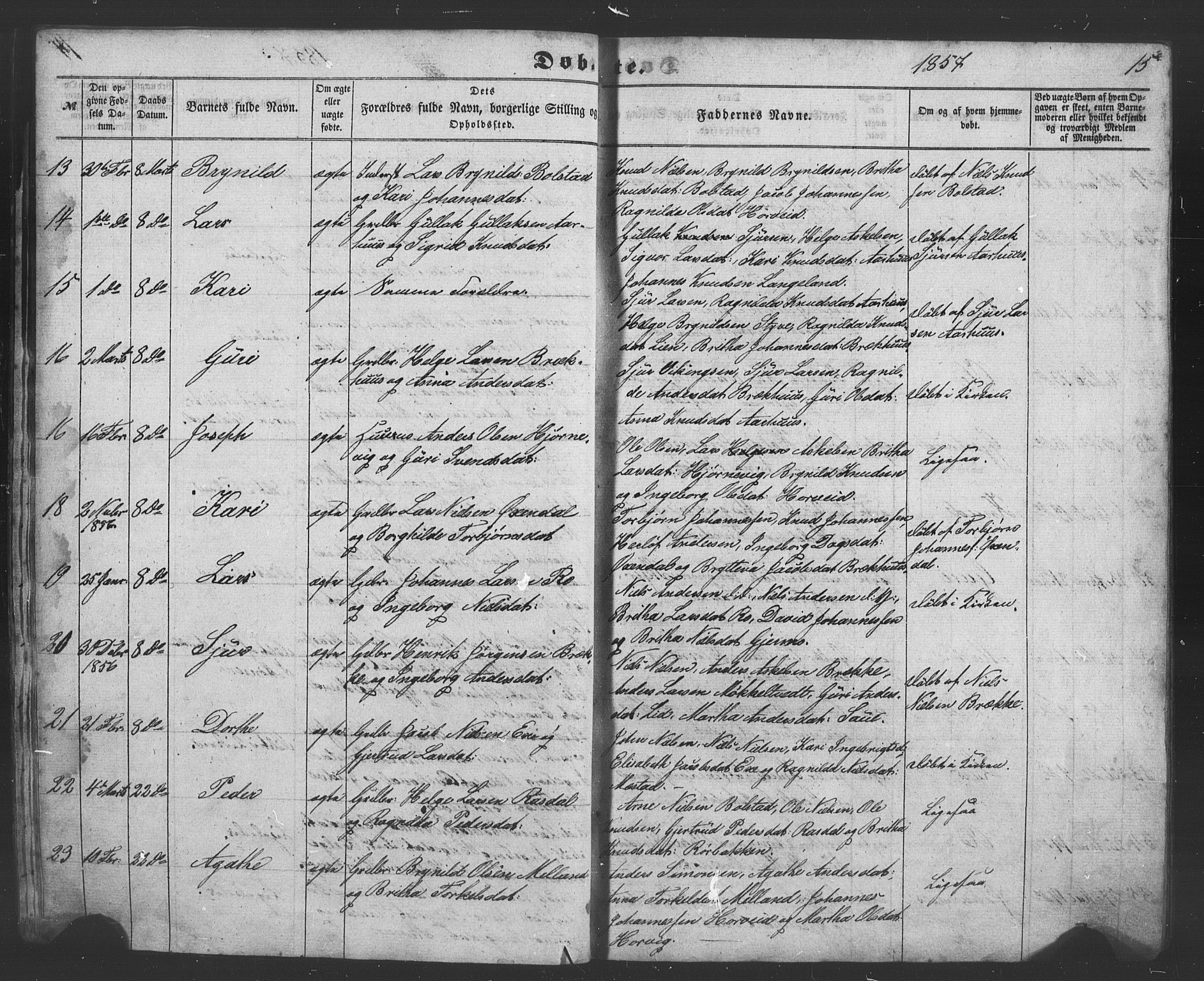 Evanger sokneprestembete, AV/SAB-A-99924: Parish register (copy) no. A 1, 1855-1864, p. 15