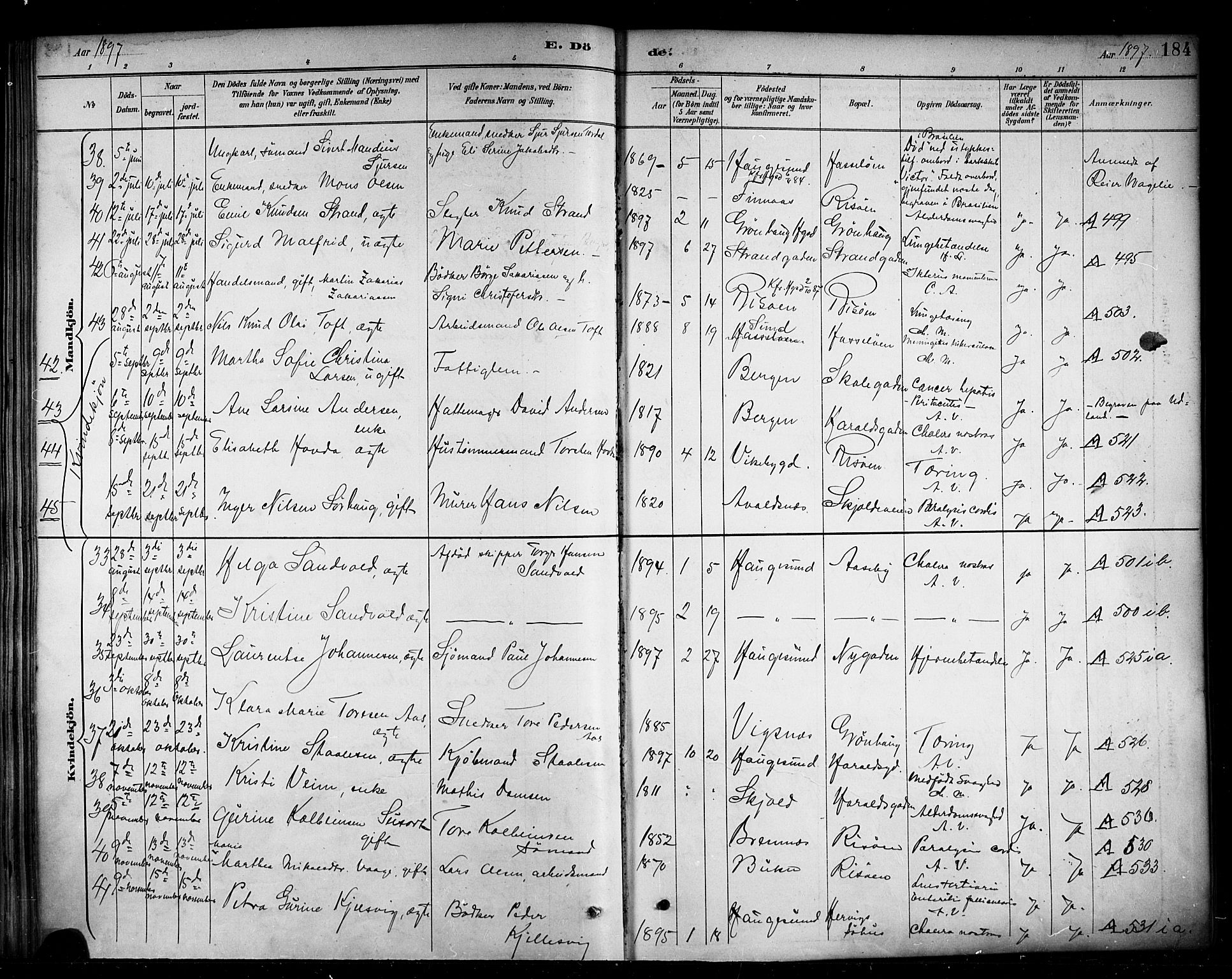 Haugesund sokneprestkontor, AV/SAST-A -101863/H/Ha/Haa/L0005: Parish register (official) no. A 5, 1891-1903, p. 184