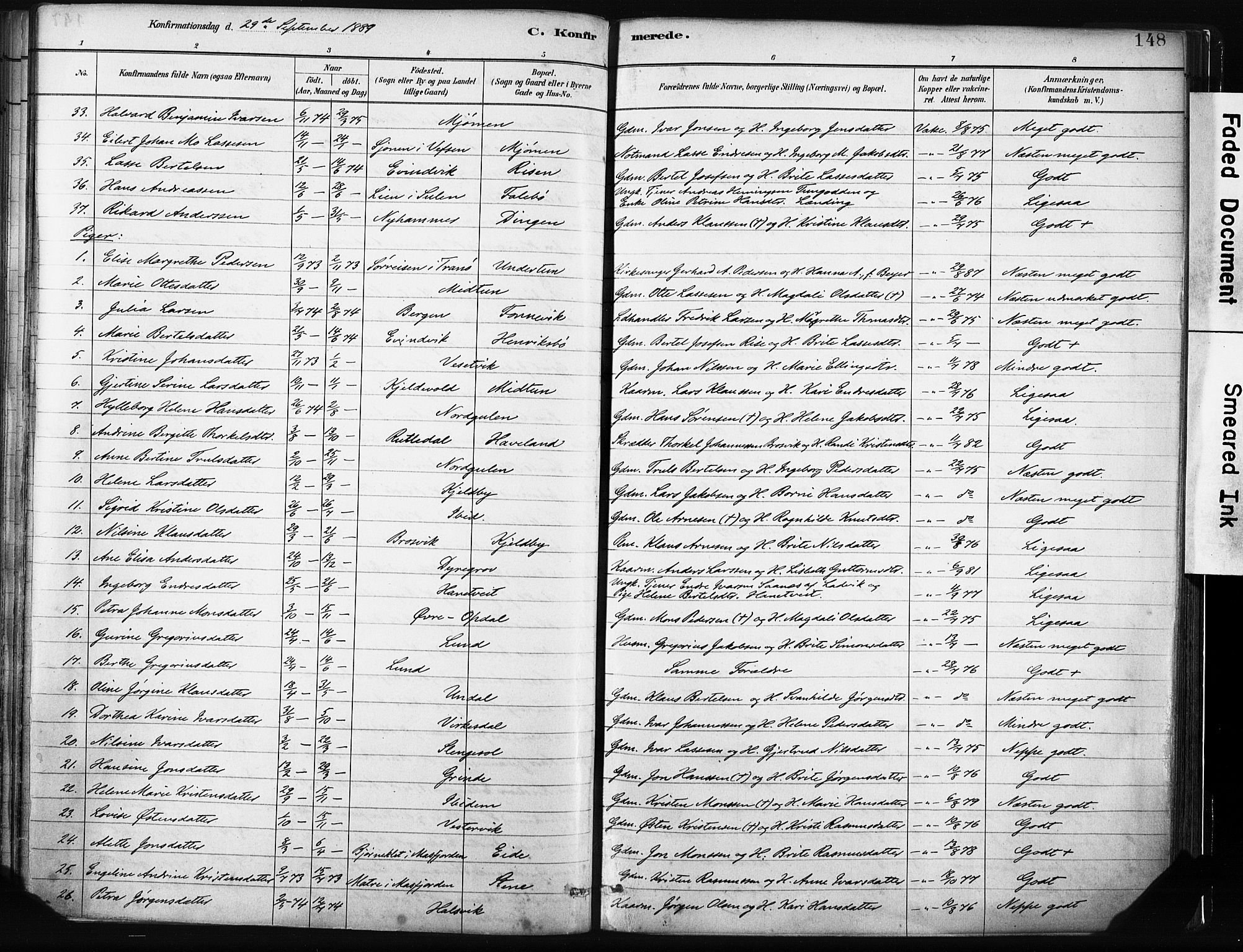 Gulen sokneprestembete, AV/SAB-A-80201/H/Haa/Haab/L0001: Parish register (official) no. B 1, 1881-1905, p. 148