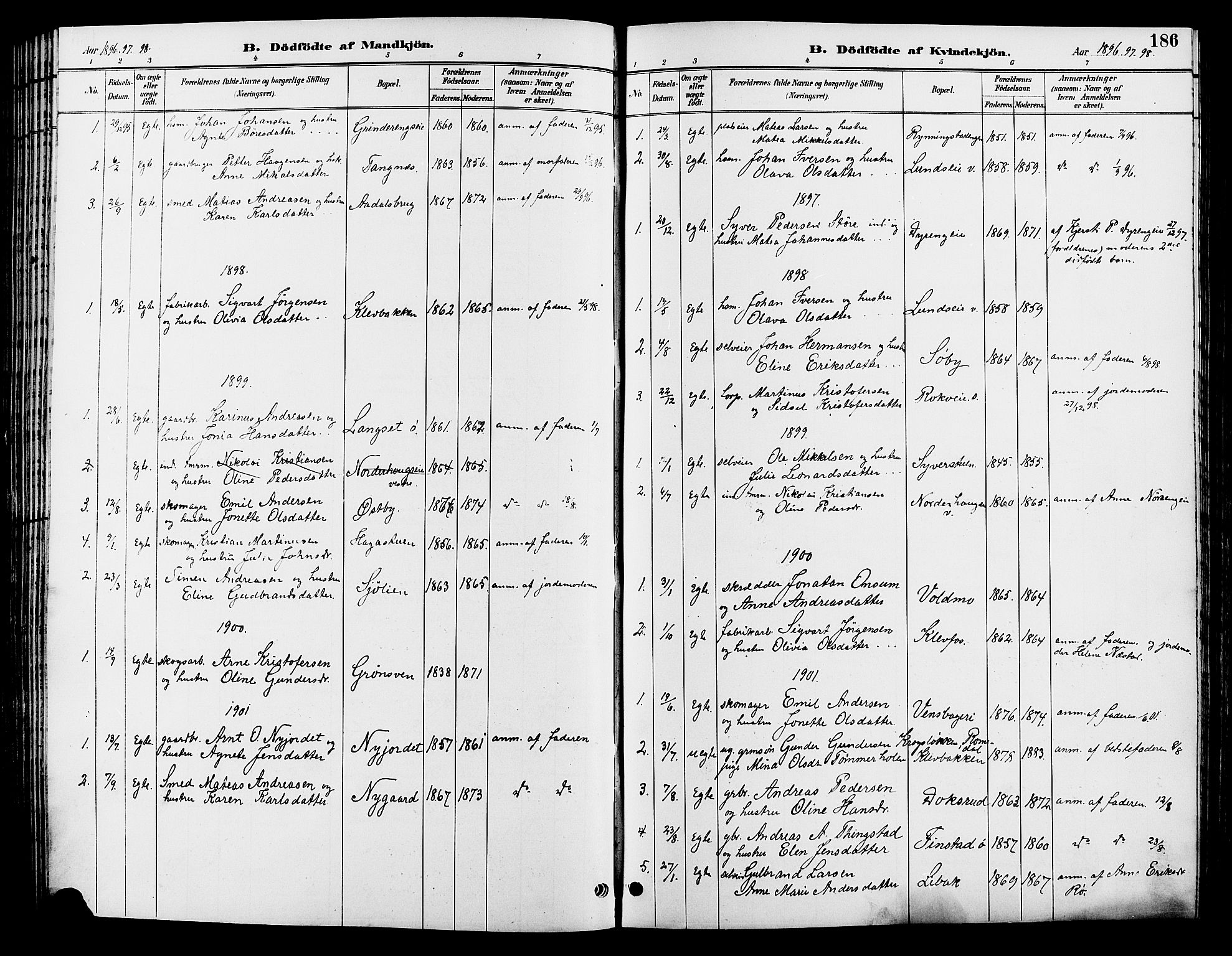 Løten prestekontor, SAH/PREST-022/L/La/L0006: Parish register (copy) no. 6, 1892-1909, p. 186