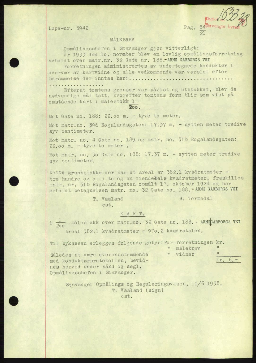 Stavanger byrett, AV/SAST-A-100455/002/G/Gb/L0013: Mortgage book no. A3, 1937-1938, Diary no: : 1533/1938