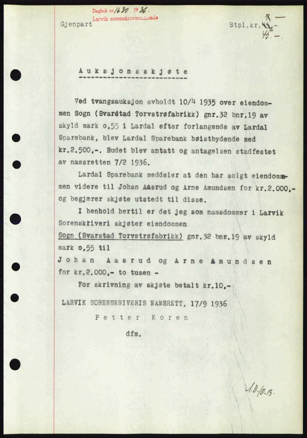 Larvik sorenskriveri, SAKO/A-83/G/Ga/Gab/L0067: Mortgage book no. A-1, 1936-1937, Diary no: : 1630/1936