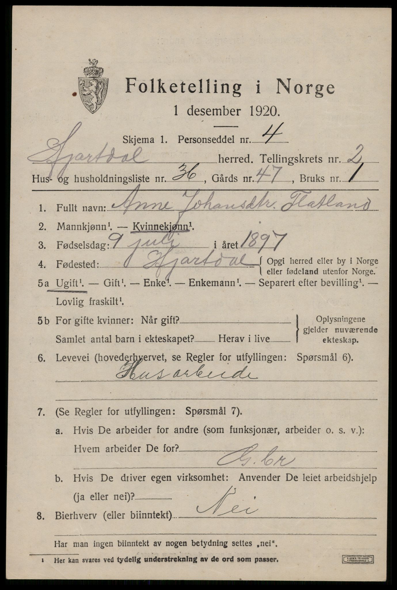 SAKO, 1920 census for Hjartdal, 1920, p. 2204