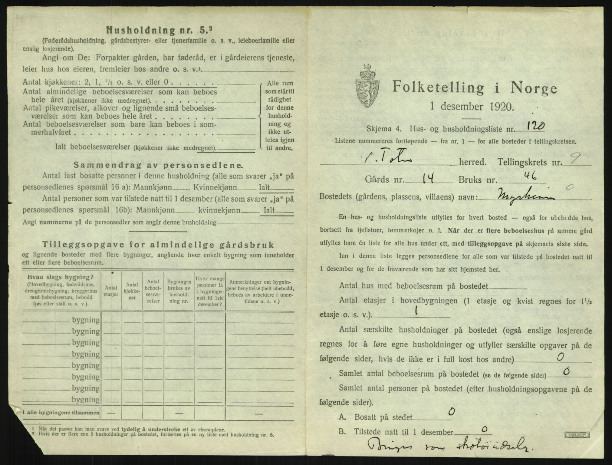 SAH, 1920 census for Vestre Toten, 1920, p. 1850