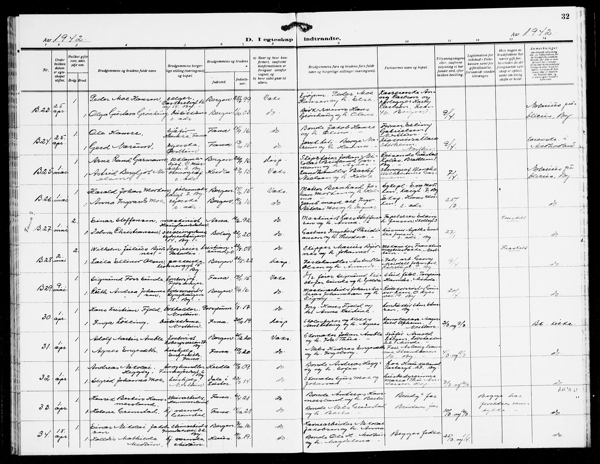 Fana Sokneprestembete, SAB/A-75101/H/Haa/Haak/L0003: Parish register (official) no. K 3, 1938-1944, p. 32