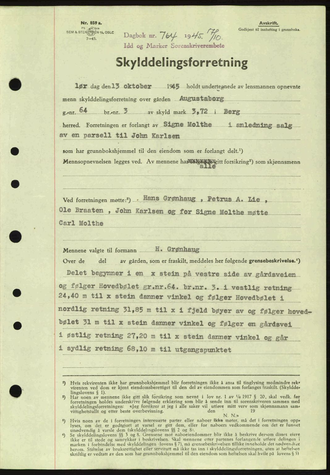 Idd og Marker sorenskriveri, AV/SAO-A-10283/G/Gb/Gbb/L0007: Mortgage book no. A7, 1944-1945, Diary no: : 764/1945