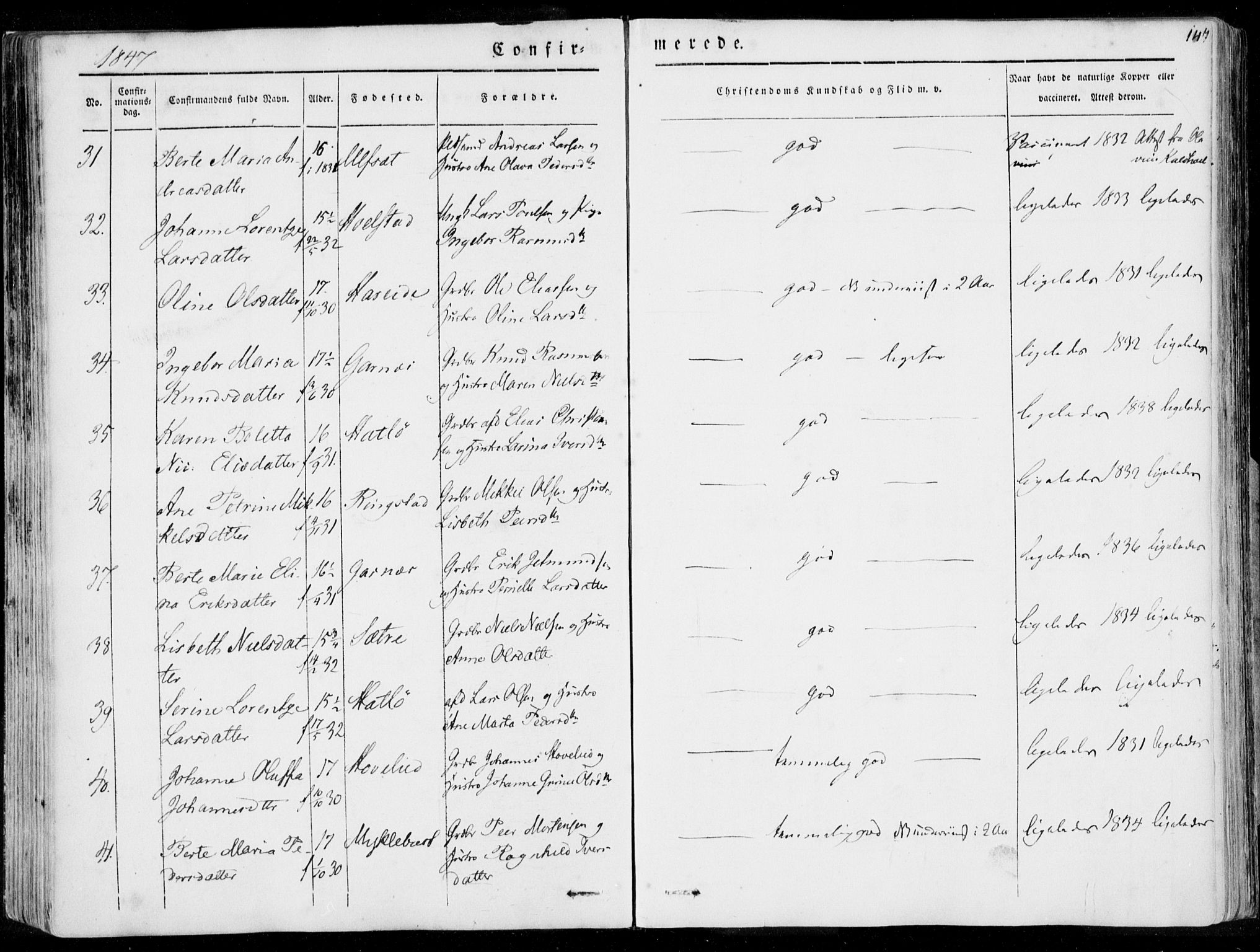 Ministerialprotokoller, klokkerbøker og fødselsregistre - Møre og Romsdal, AV/SAT-A-1454/509/L0104: Parish register (official) no. 509A02, 1833-1847, p. 147