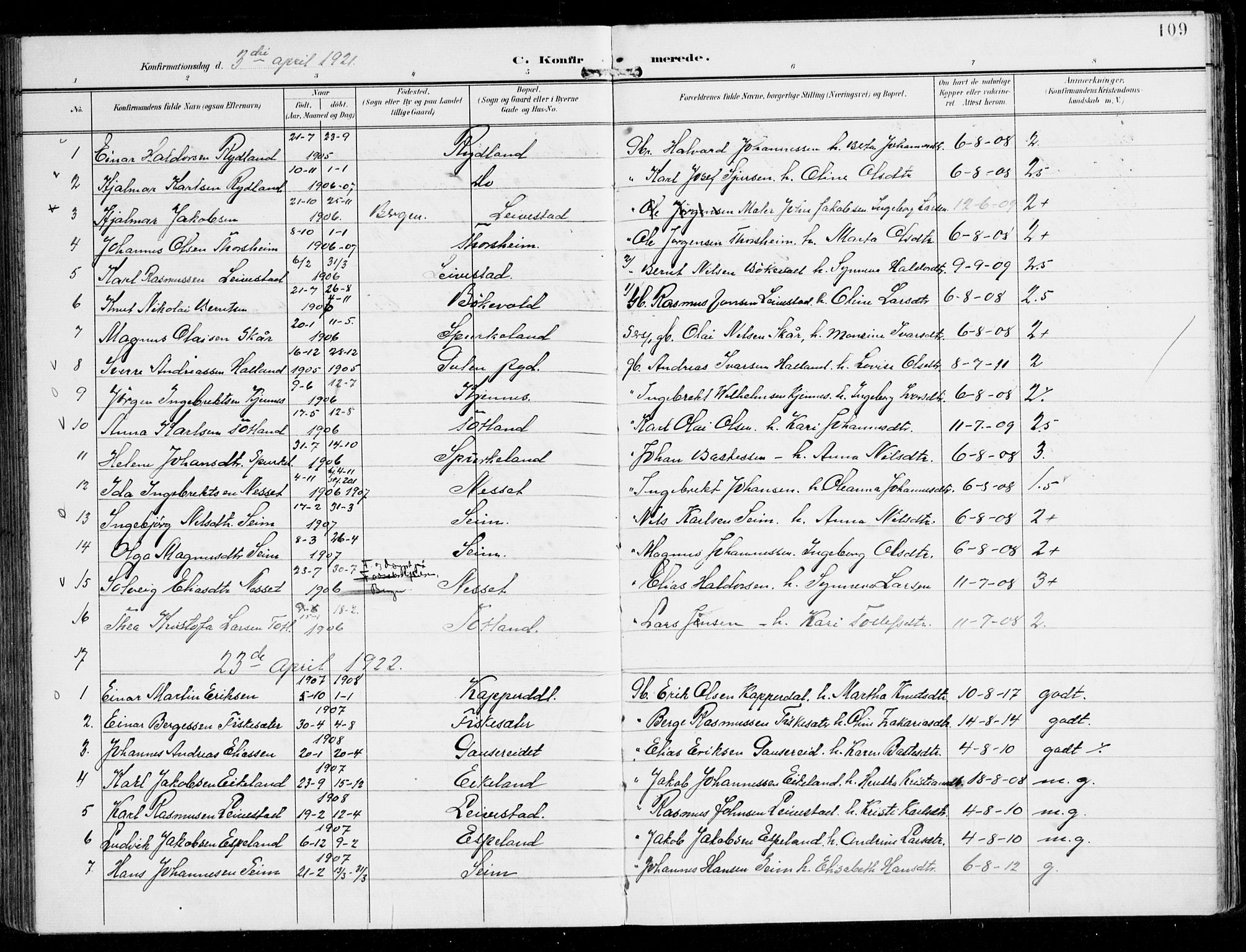 Alversund Sokneprestembete, AV/SAB-A-73901/H/Ha/Haa/Haad/L0004: Parish register (official) no. D 4, 1898-1926, p. 109