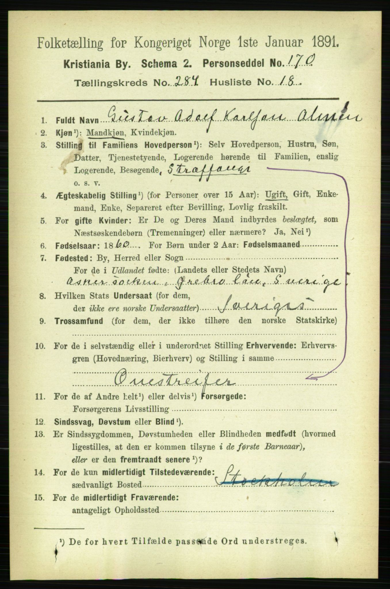RA, 1891 census for 0301 Kristiania, 1891, p. 173998