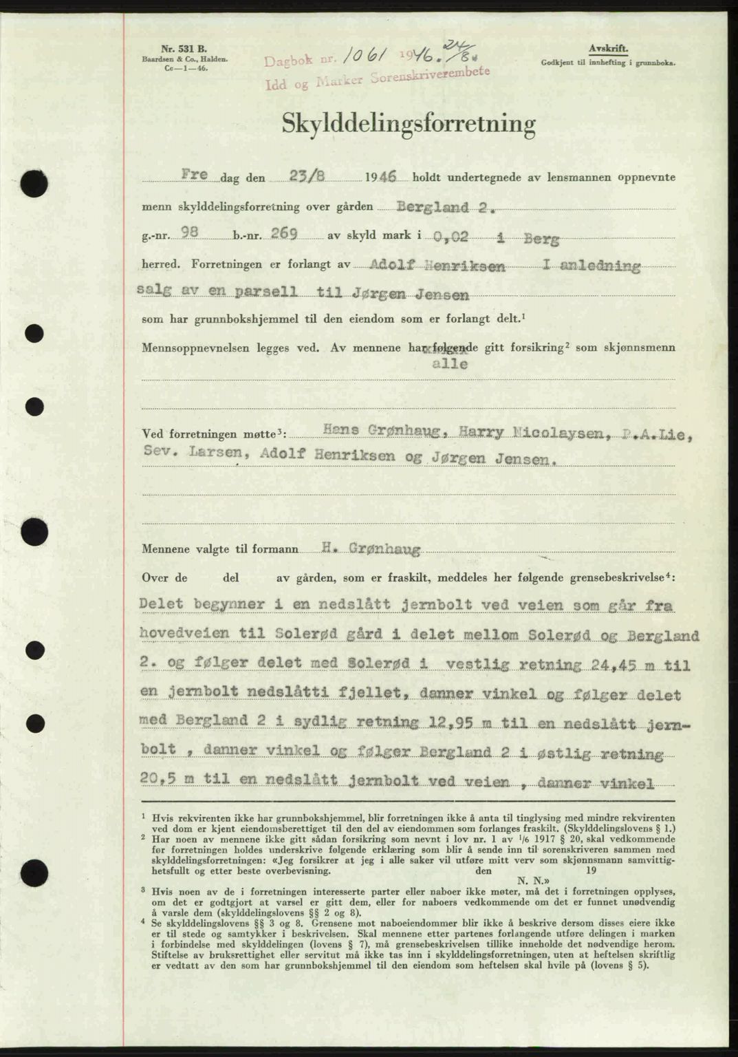 Idd og Marker sorenskriveri, AV/SAO-A-10283/G/Gb/Gbb/L0008: Mortgage book no. A8, 1946-1946, Diary no: : 1061/1946