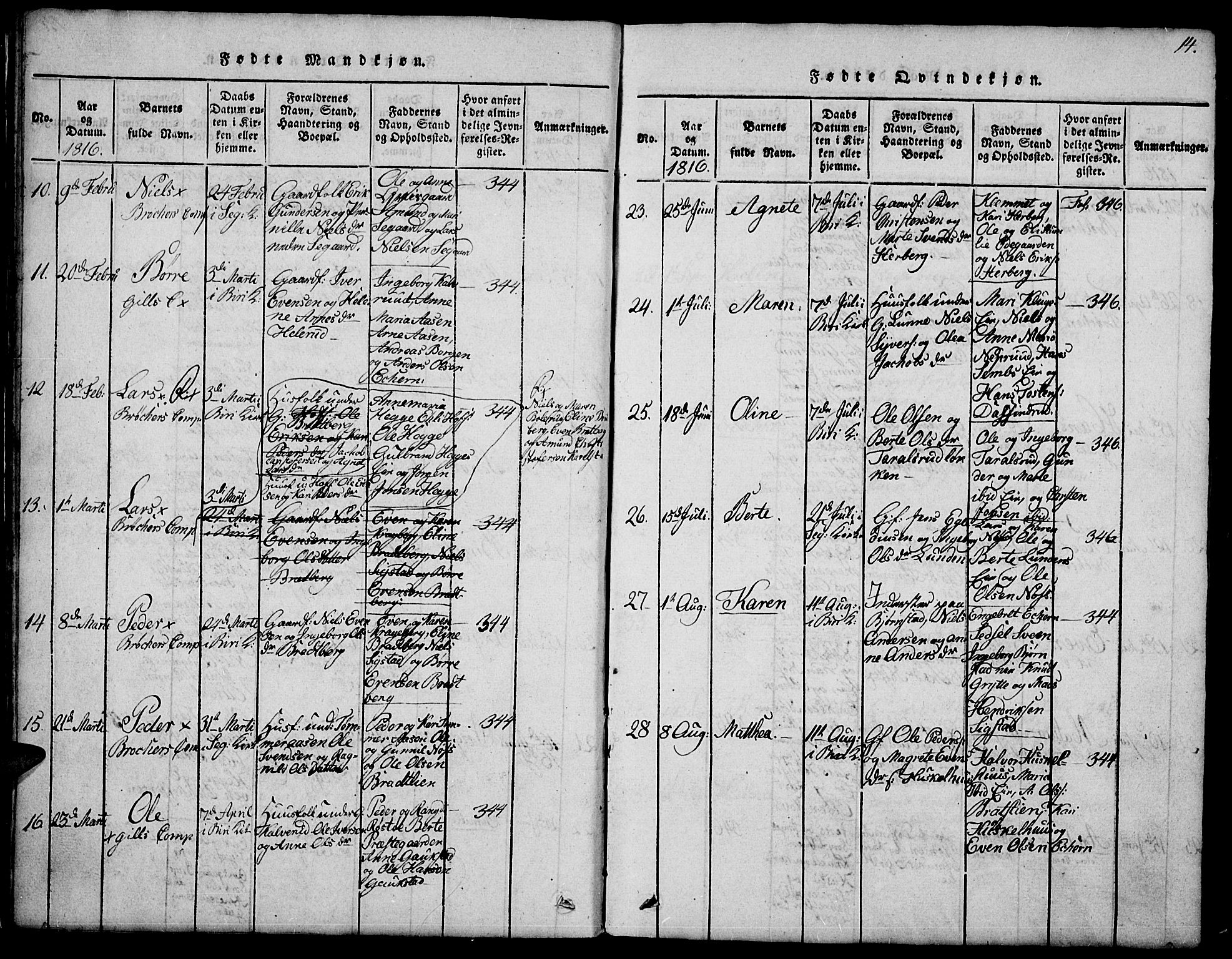 Biri prestekontor, AV/SAH-PREST-096/H/Ha/Hab/L0001: Parish register (copy) no. 1, 1814-1828, p. 14